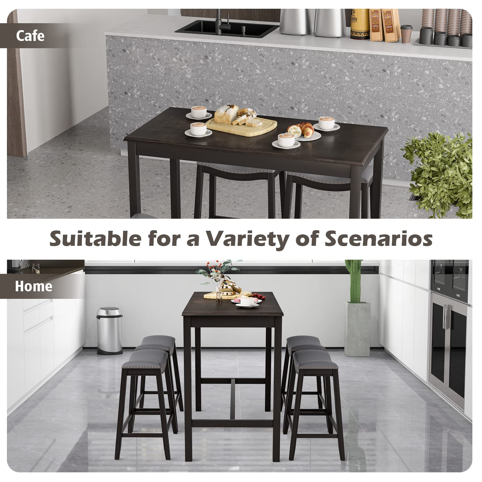 Dining Table Set for 4, Kitchen Counter Height Table w/ 4 Stools, 5 Piece Bistro Table Set