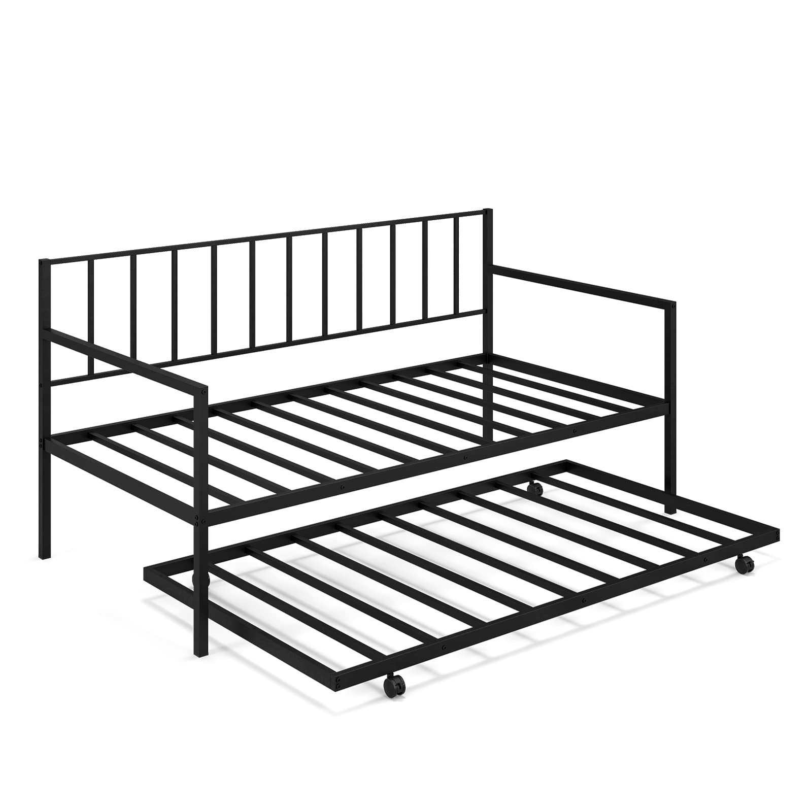 Twin Metal Daybed with Trundle, Metal Sofa Bed & Pull-Out Trundle Set with Lockable Casters