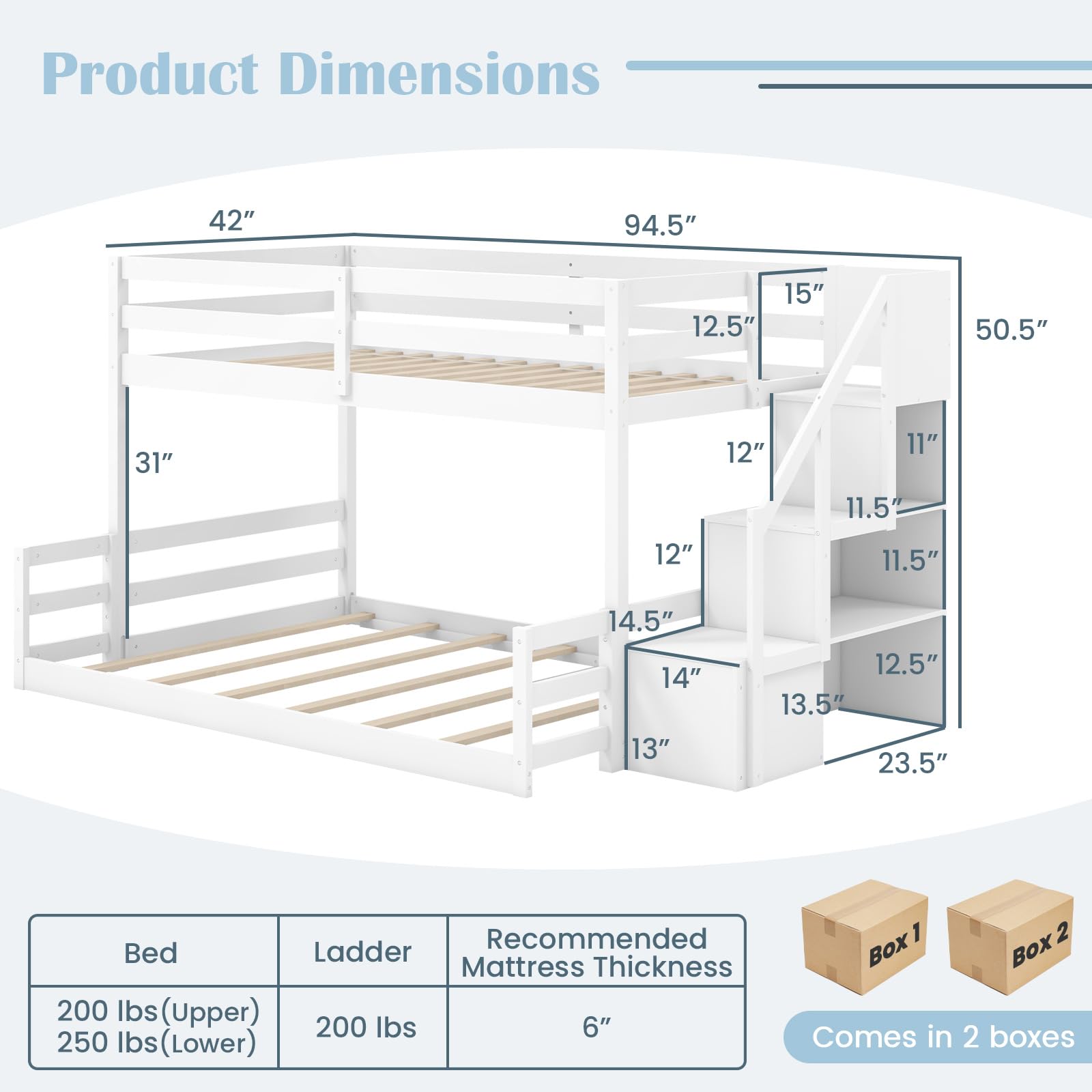 Bunk Bed with Stairs, Solid Wood Floor Bunk Bed with Storage Staircase & Full-Length Guardrails
