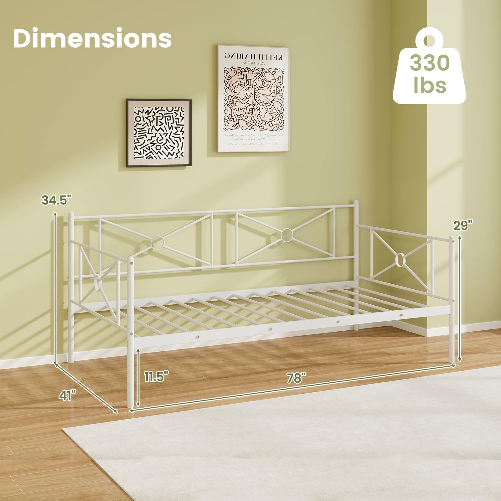 Twin Size Metal Daybed Frame, Heavy-Duty Steel Slats Support Platform Bed Frame, Multifunctional Sofa Guest Bed with Headboard