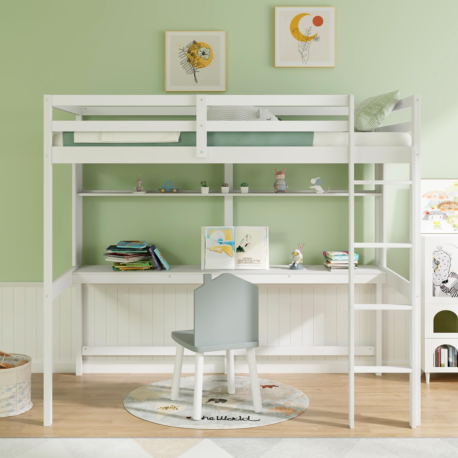 Twin Size Loft Bed with Desk, Bookshelf, Full Length Safety Guardrail & Ladder