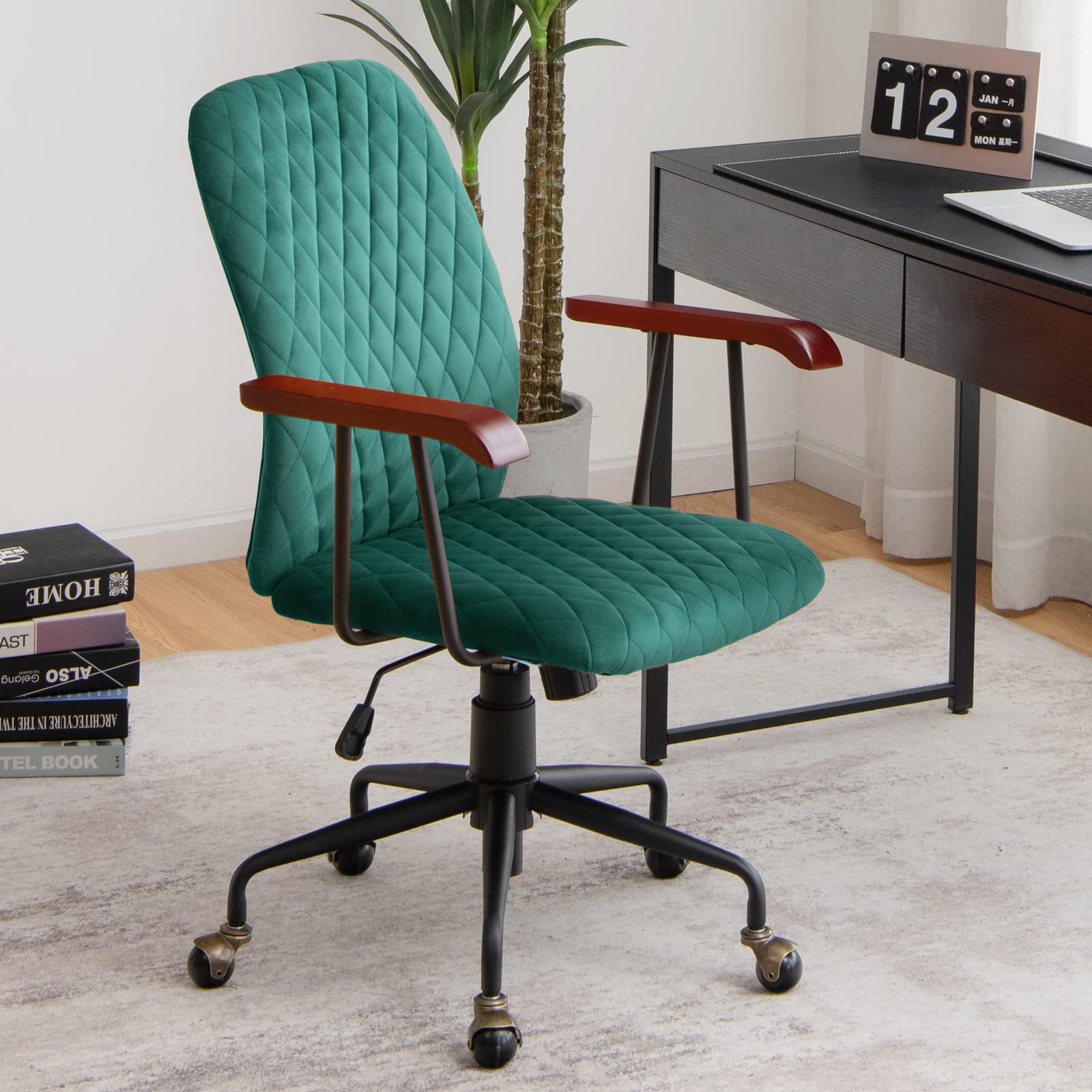 Home Office Desk Chair, Vintage Adjustable Swivel Rolling Chair with Copper Wheels & Armrest