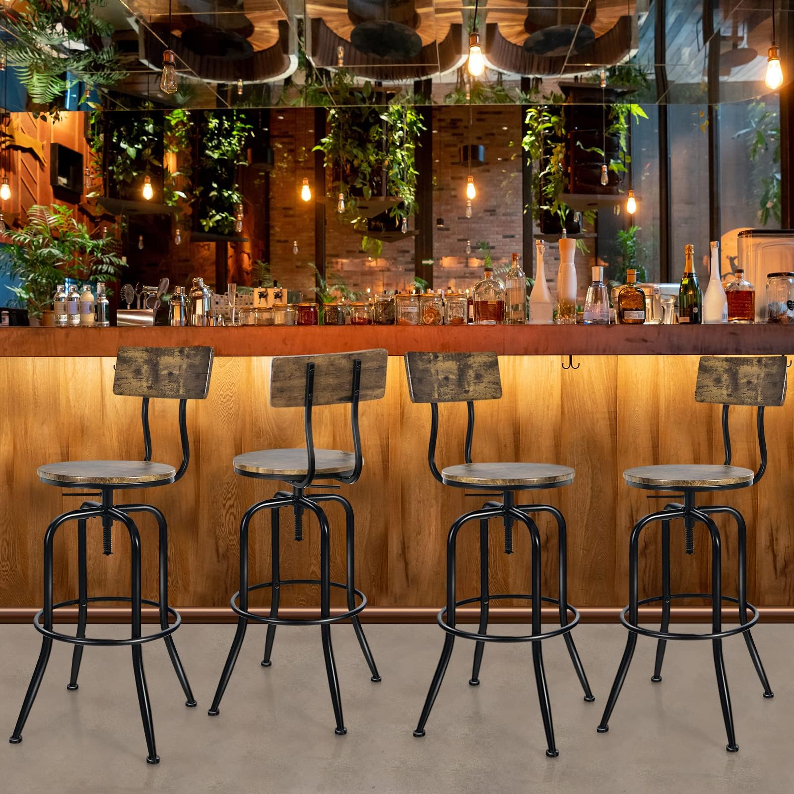 Bar Stools Set of 2/4, Industrial Counter Height Bar Chairs with Height Adjustable Seat, Arc-shaped Backrest & Footrest