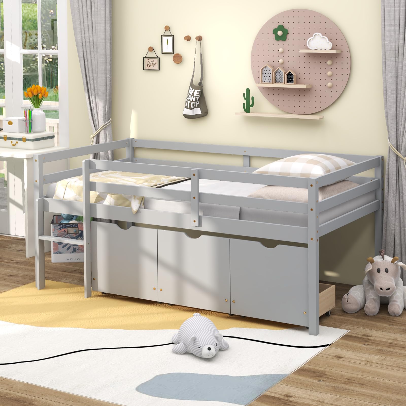 Twin Low Loft Bed with 3 Storage Drawers