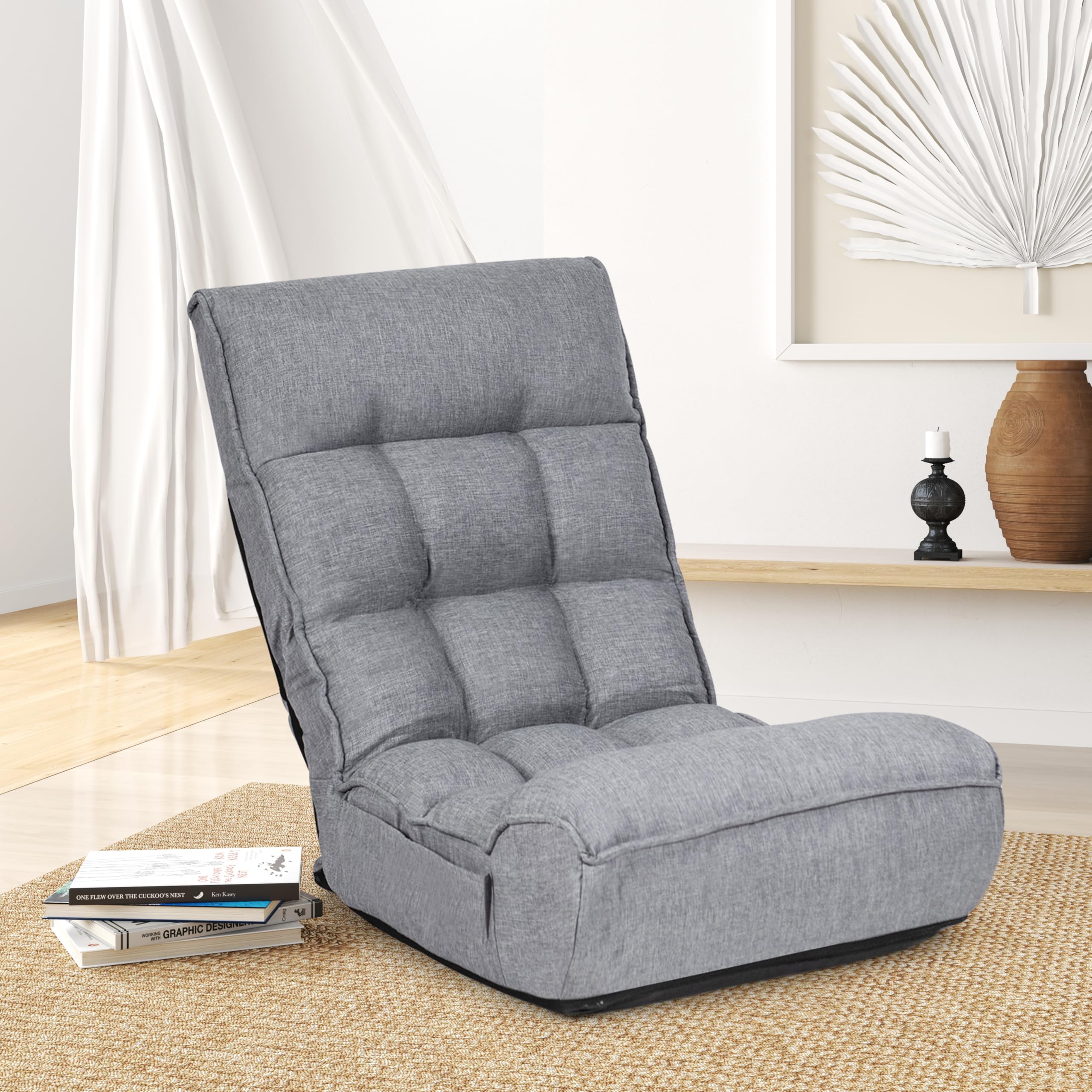 Folding Floor Gaming Chair with 4-Position Adjustable Back, 6-Position Adjustable Headrest, Side Pocket