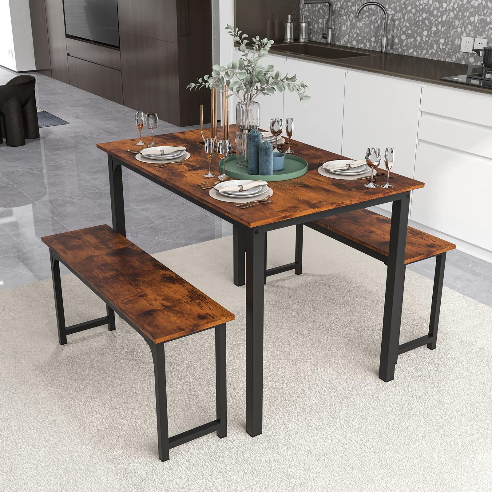 Dining Table Set with 2 Benches, Industrial Kitchen Table & Chairs with Metal Frame