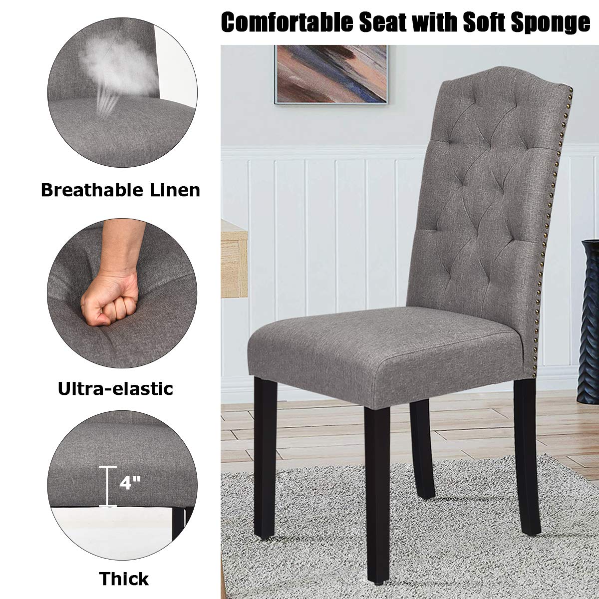 Set of 2/4 Tufted Fabric Dining Chairs with Padded Seat and Tall Backrest