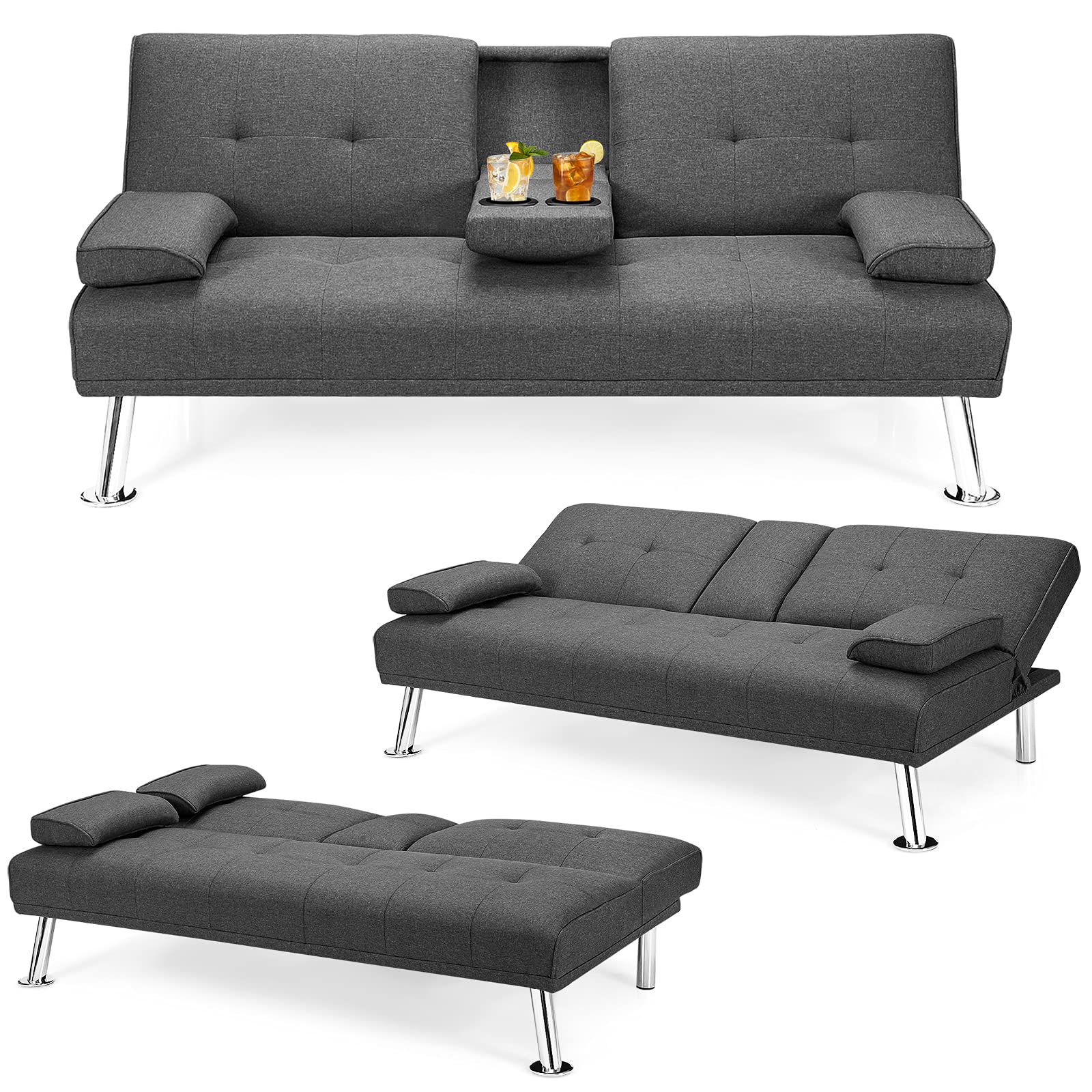 Convertible Futon Sofa Bed with Adjustable Backrest & Removable Armrests, 2 Cup Holders