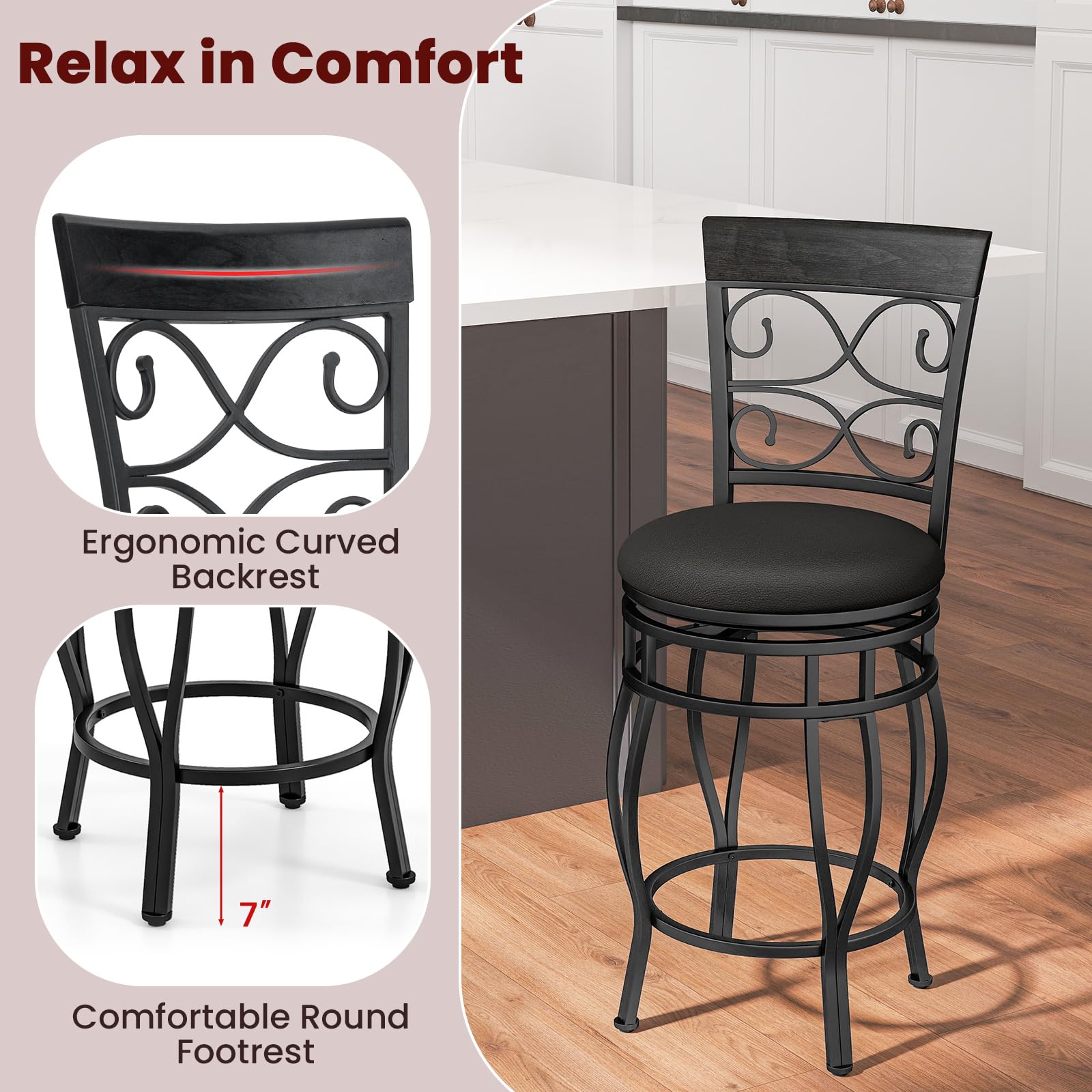 Swivel Bar Stools Set of 2/4, Counter Height Bar Stools with Back, Upholstered PU Leather Seat, Footrest