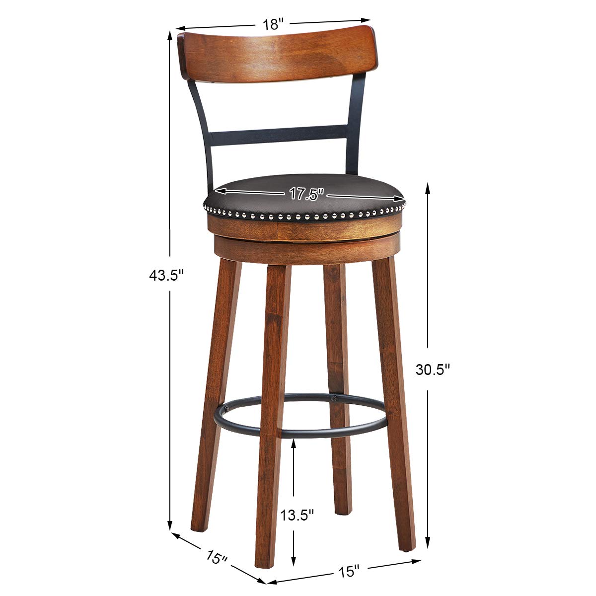 Bar Stools Set of 1/2/4, 360-Degree Swivel Stools with Leather Padded Seat, Single Slat Ladder Back & Solid Rubber Wood Legs