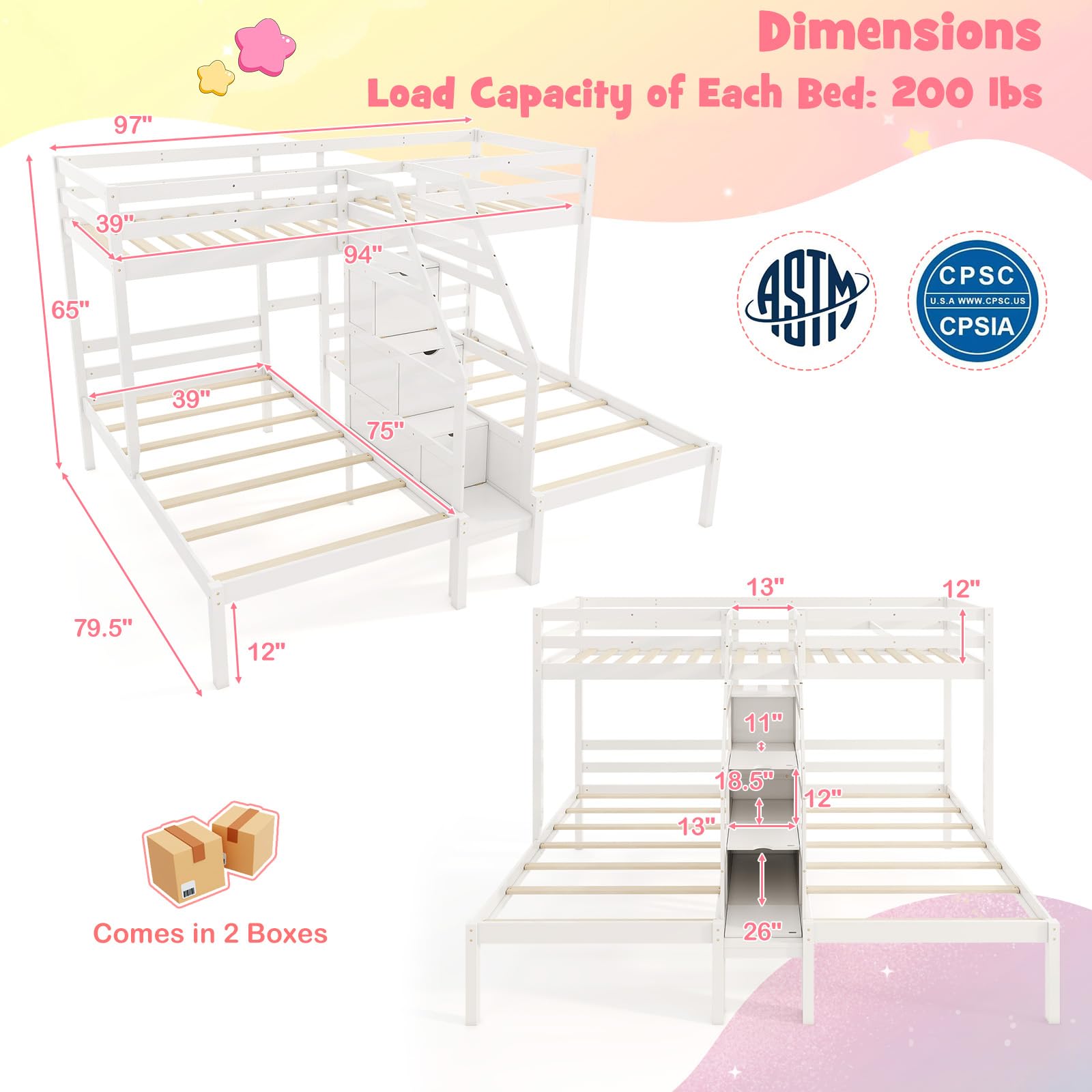 Triple Bunk Beds with 4-Step Storage Stair, Guardrail & Solid Wood Structure