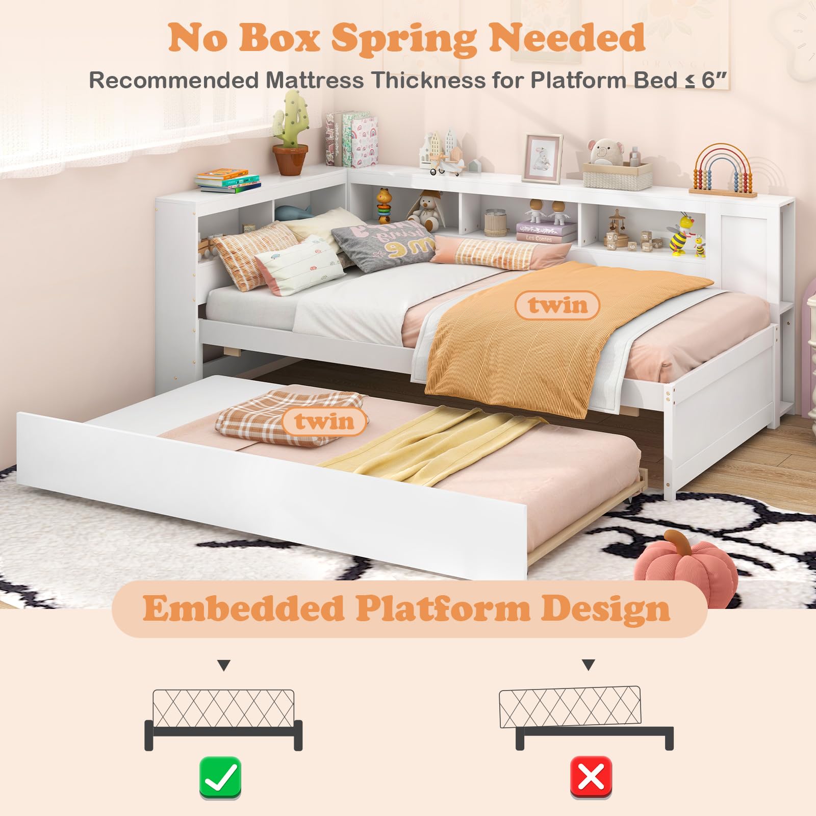 Twin Wood Daybed with Trundle, Storage Headboard, Reversible Bookcase, Bedside Shelves & Wooden Slats