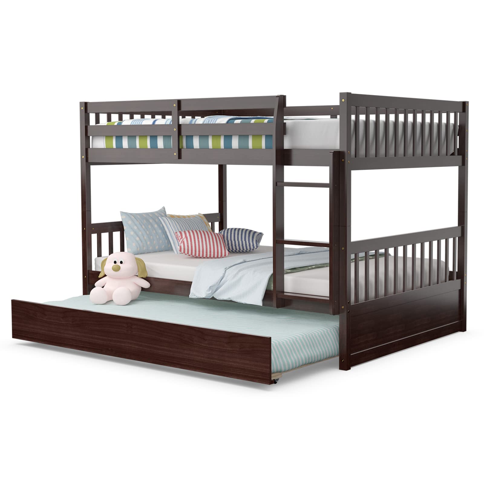 Full Over Full Wood Bunk Bed with Trundle, Ladder, Solid Wood Frame & Safety Guardrails