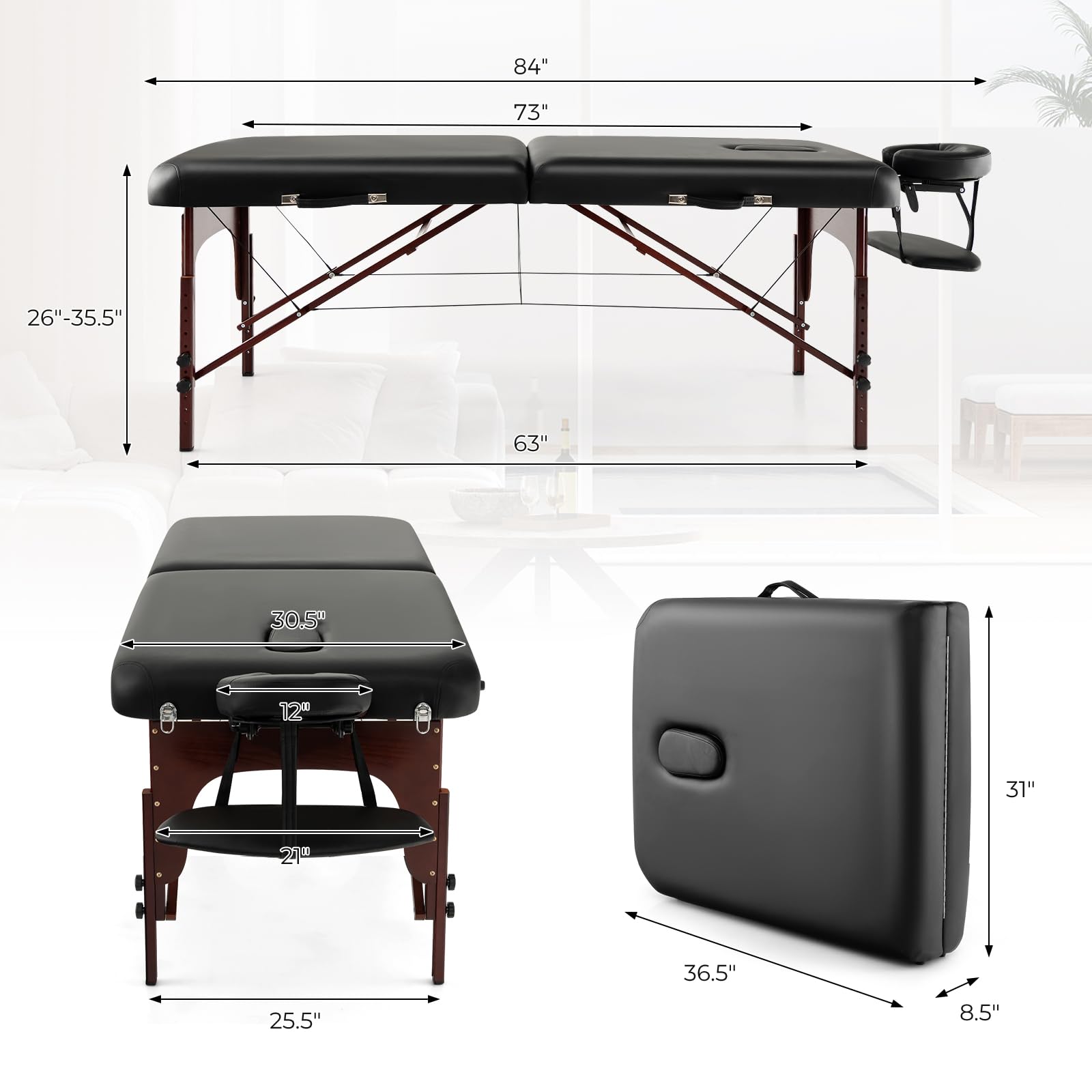 Portable Massage Table 84 Inch, Folding Lash Bed with Premium Foam & Beech Wood Leg