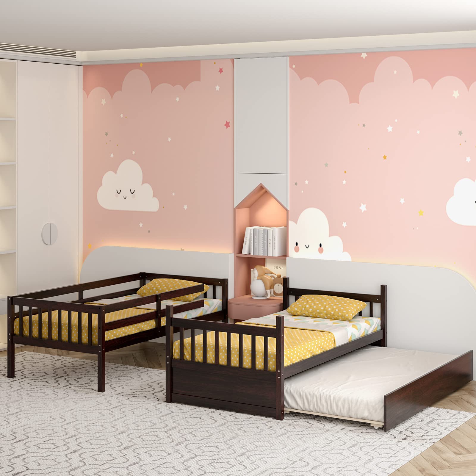 Twin Over Twin Wood Bunk Bed with Trundle, 2-in-1 Convertible Bunk Bed with Ladder & Solid Wood Frame