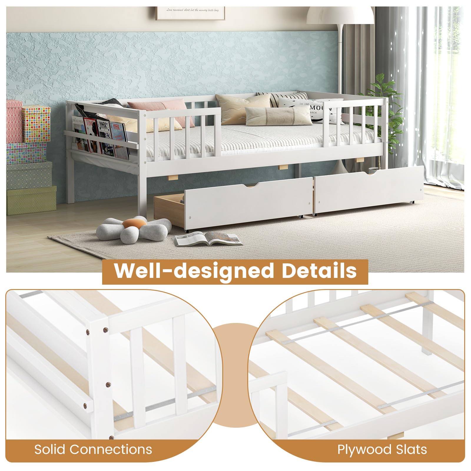 Wood Twin Bed Frame with Fence Rails & 2 Pull-Out Drawers