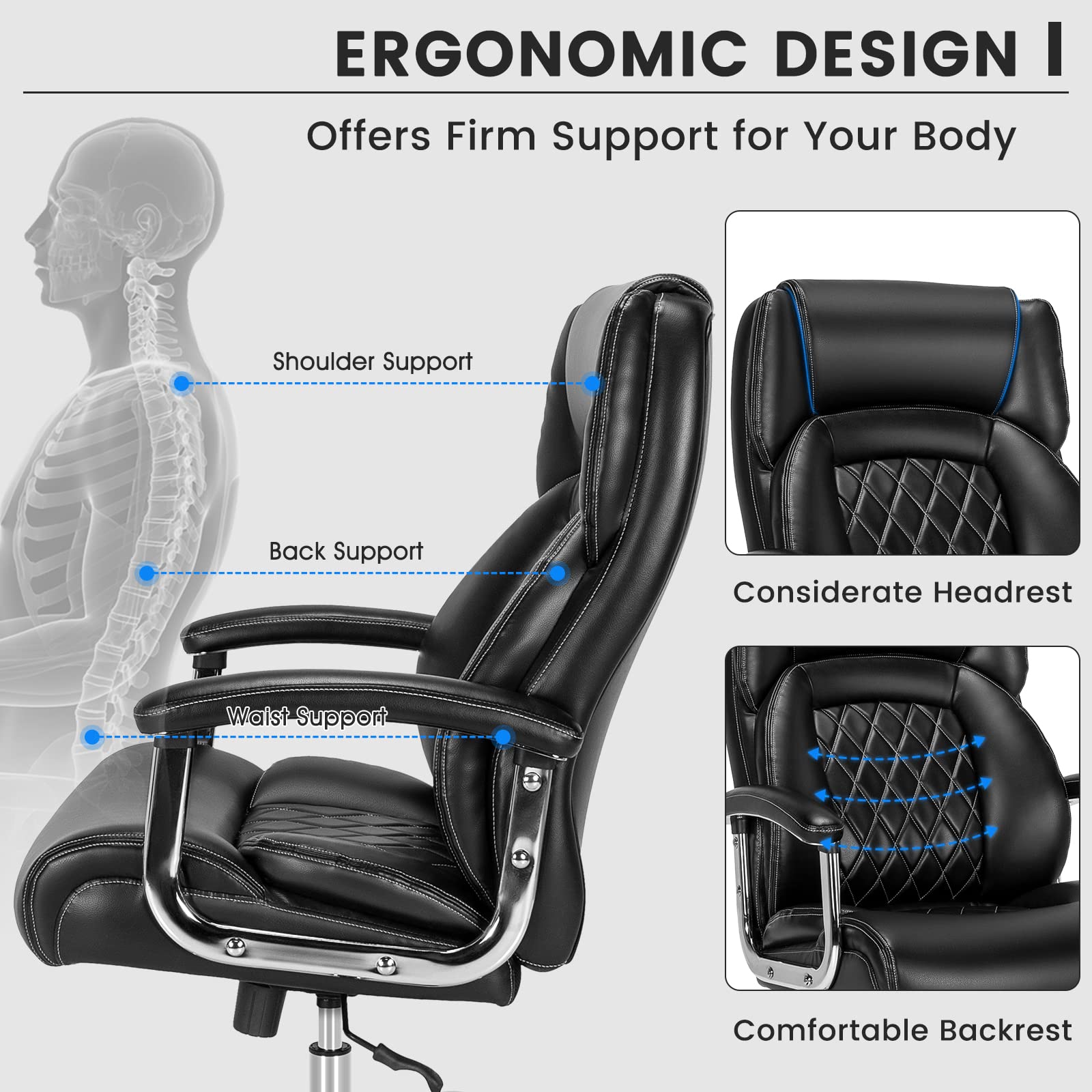 500LBS Big and Tall Office Chair, Wide Seat Large Leather Executive Chair w/Heavy Duty Metal Base