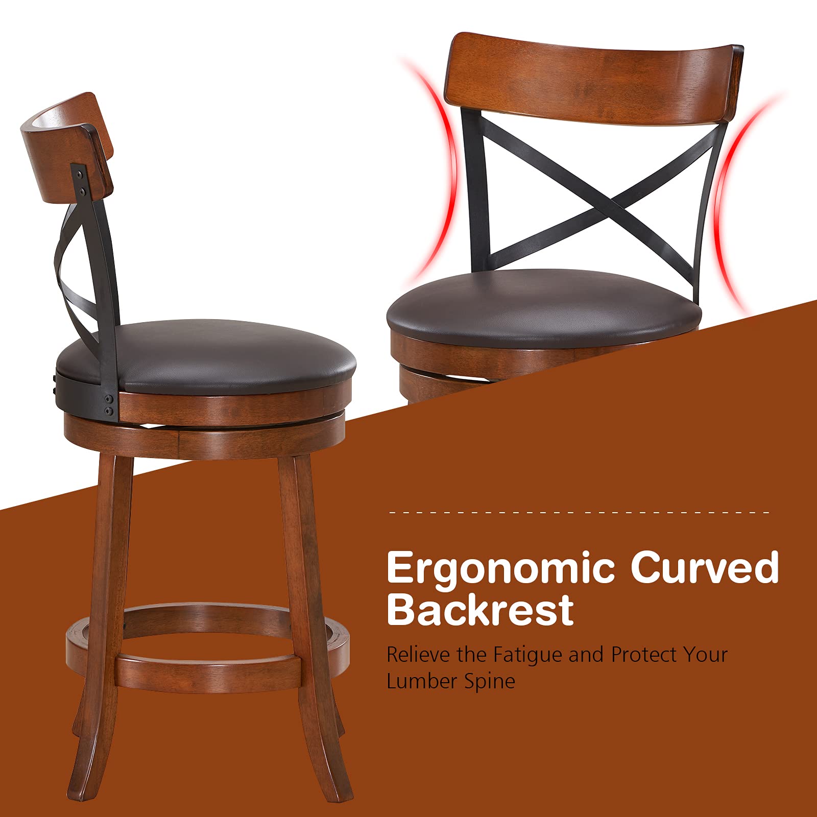 360-Degree Swivel Solid Wood  Bar Stool Set of 2/4 with Soft Cushion & Backrest