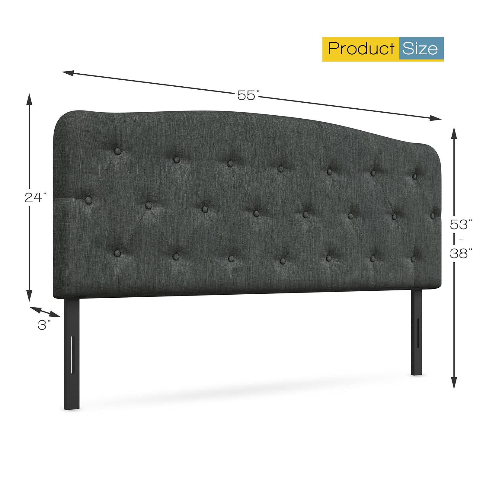 Upholstered Headboard, Adjustable Height from 38" to 53" Platform, Full Size
