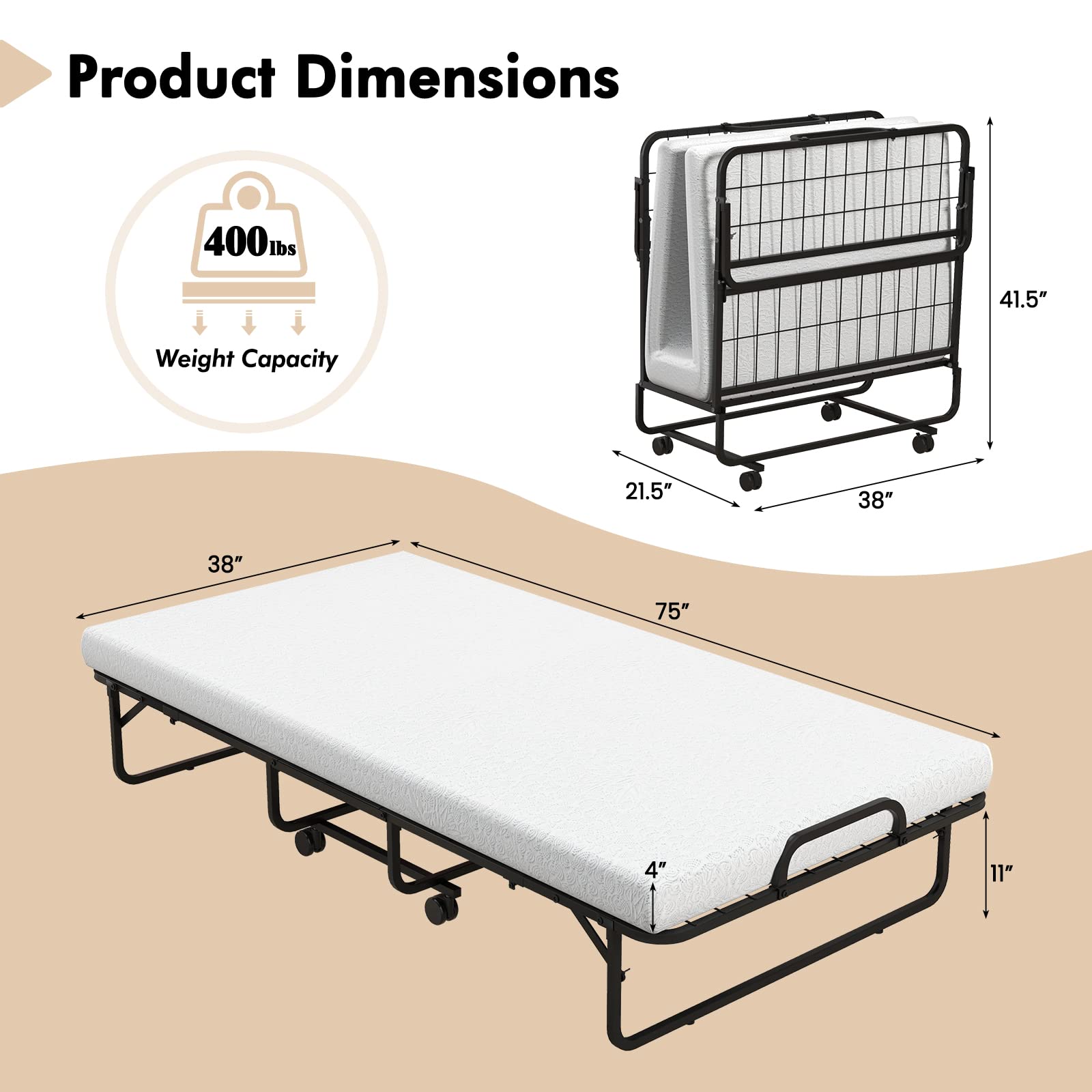 Folding Rollaway Bed with 4" Mattress, Twin Size Portable Bed with Rolling Casters