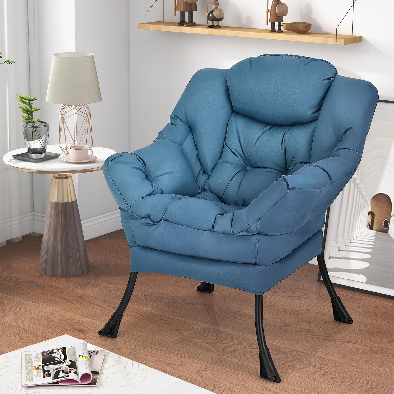 Modern Lazy Chair, Upholstered Single Sofa Chair w/Armrests & Side Pocket