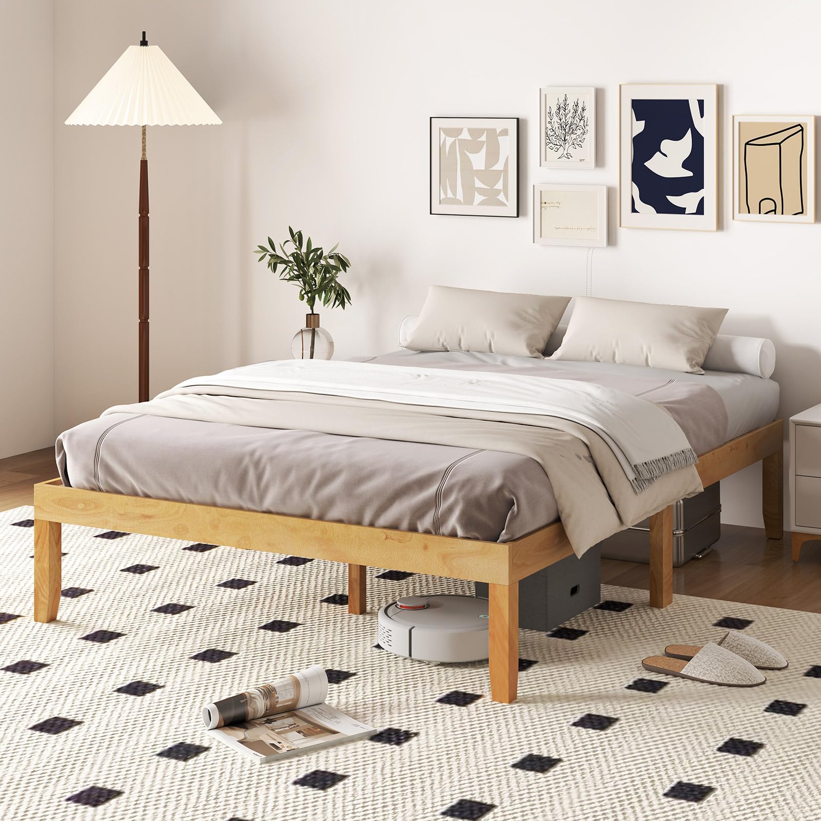 Wood Platform Bed Frame, 14 Inches Wooden Mattress Foundation with Solid Rubber Wood Legs