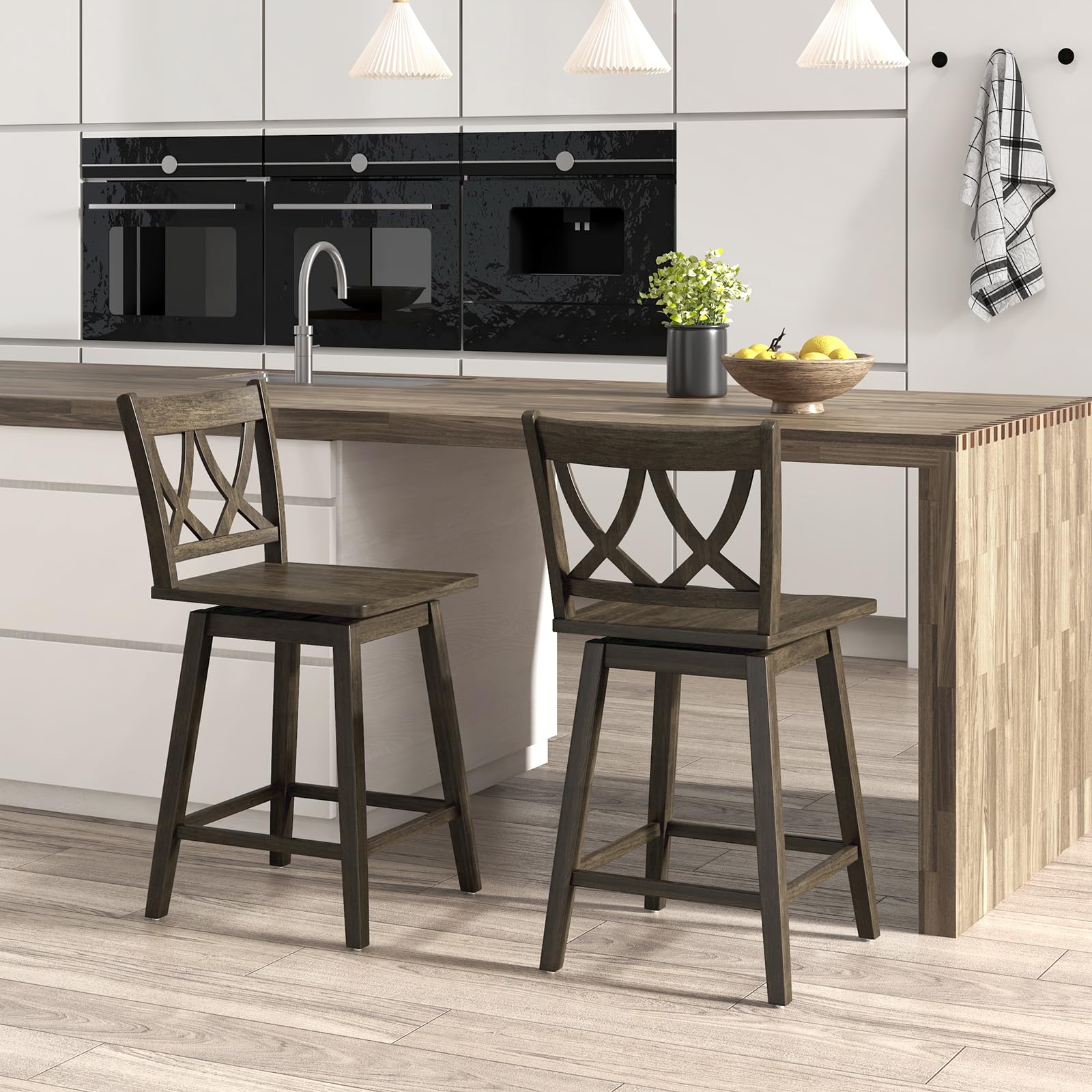Swivel Wooden Bar Stools Set of 2/4 with Rubber Wood Frame, Footrest & Ergonomic Backrest