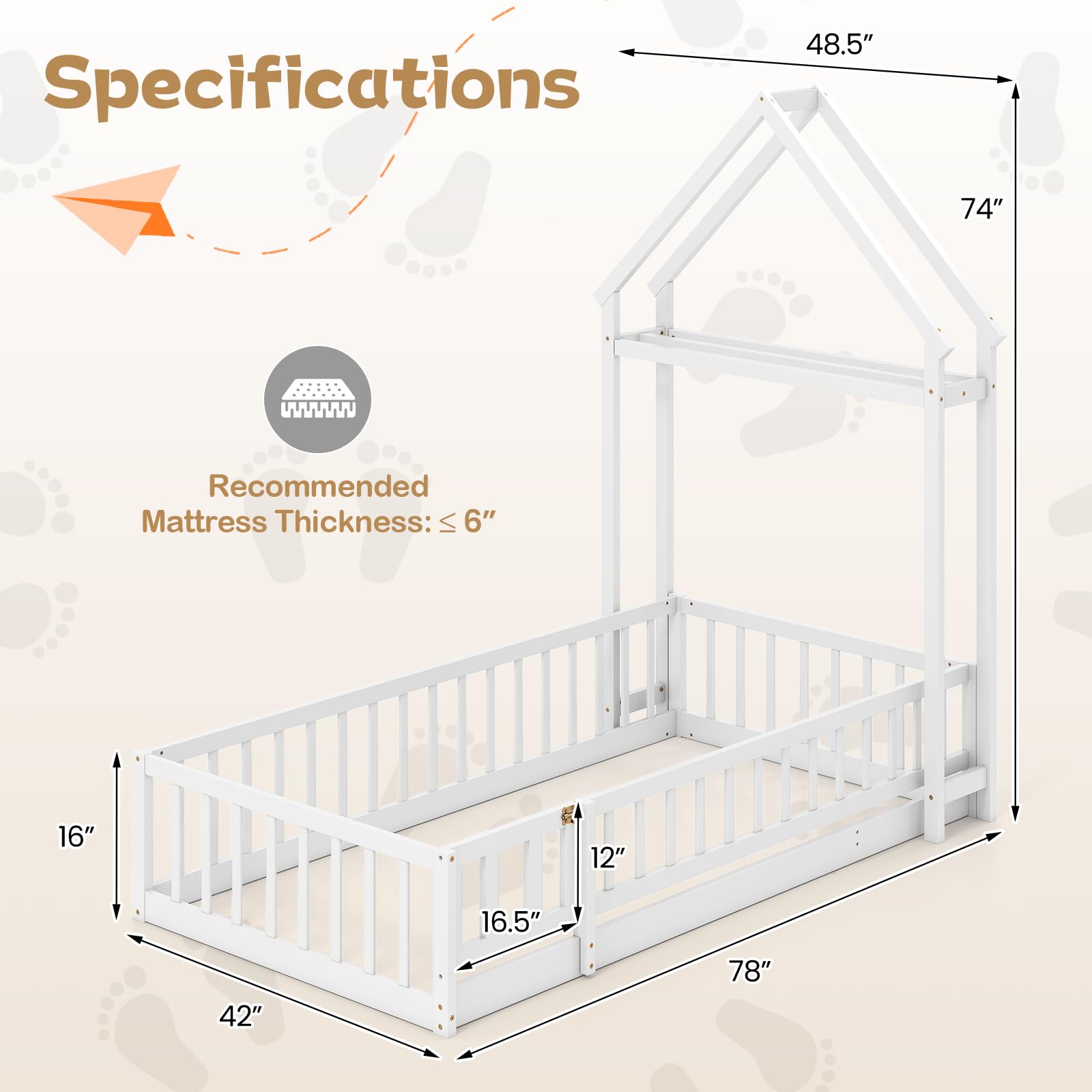 Twin Size Floor Bed with House-Shaped Headboard（Twin with Headboard）