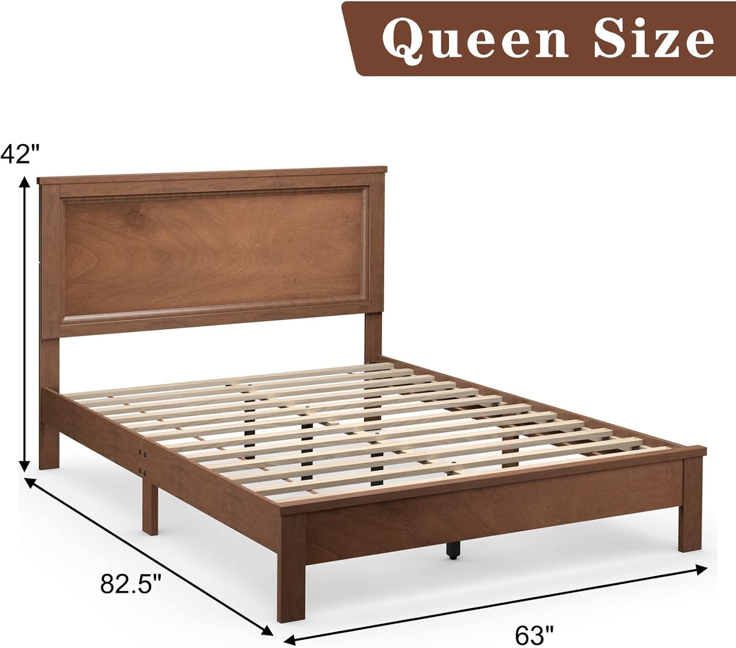 Wood Platform Bed Frame with Headboard, Mid Century Platform Bed Frame with Solid Wood Legs & Wooden Slat Support