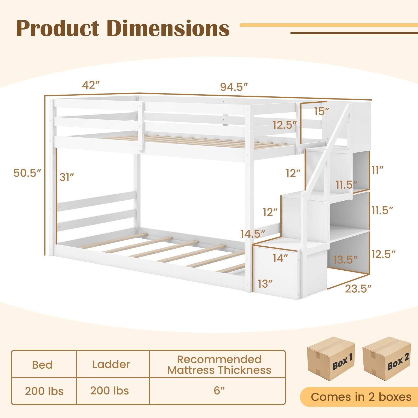 Bunk Bed with Stairs, Solid Wood Floor Bunk Bed with Storage Staircase & Full-Length Guardrails