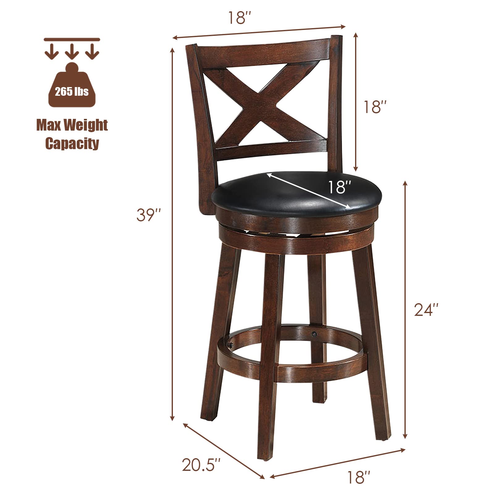 Bar Stools, Counter Height Dining Chair, Fabric Upholstered 360 Degree Swivel, PVC Cushioned Seat