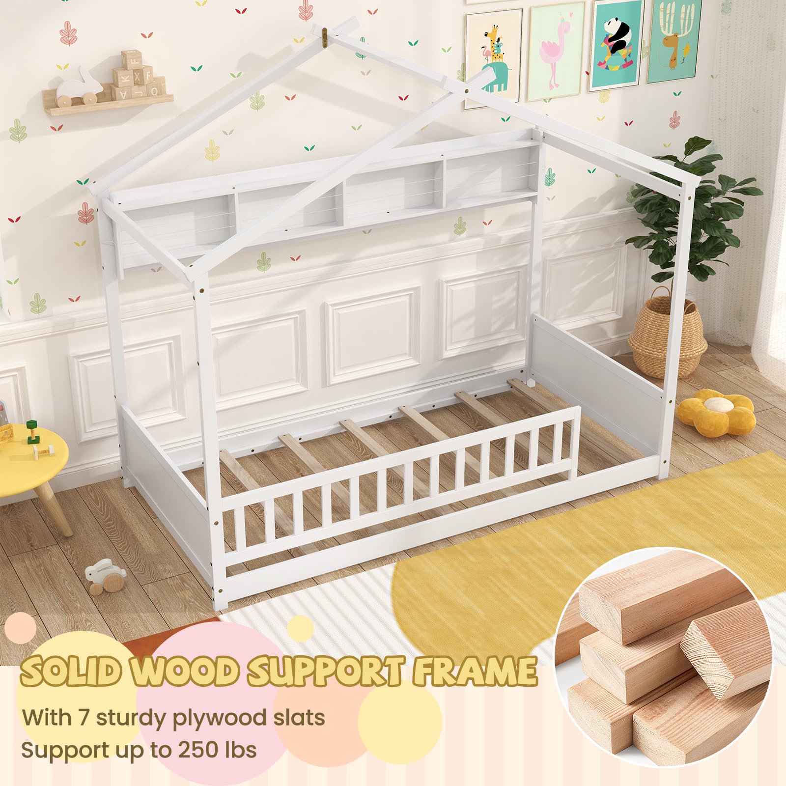 Twin Floor House Bed with Storage Shelf, Headboard & Guardrail
