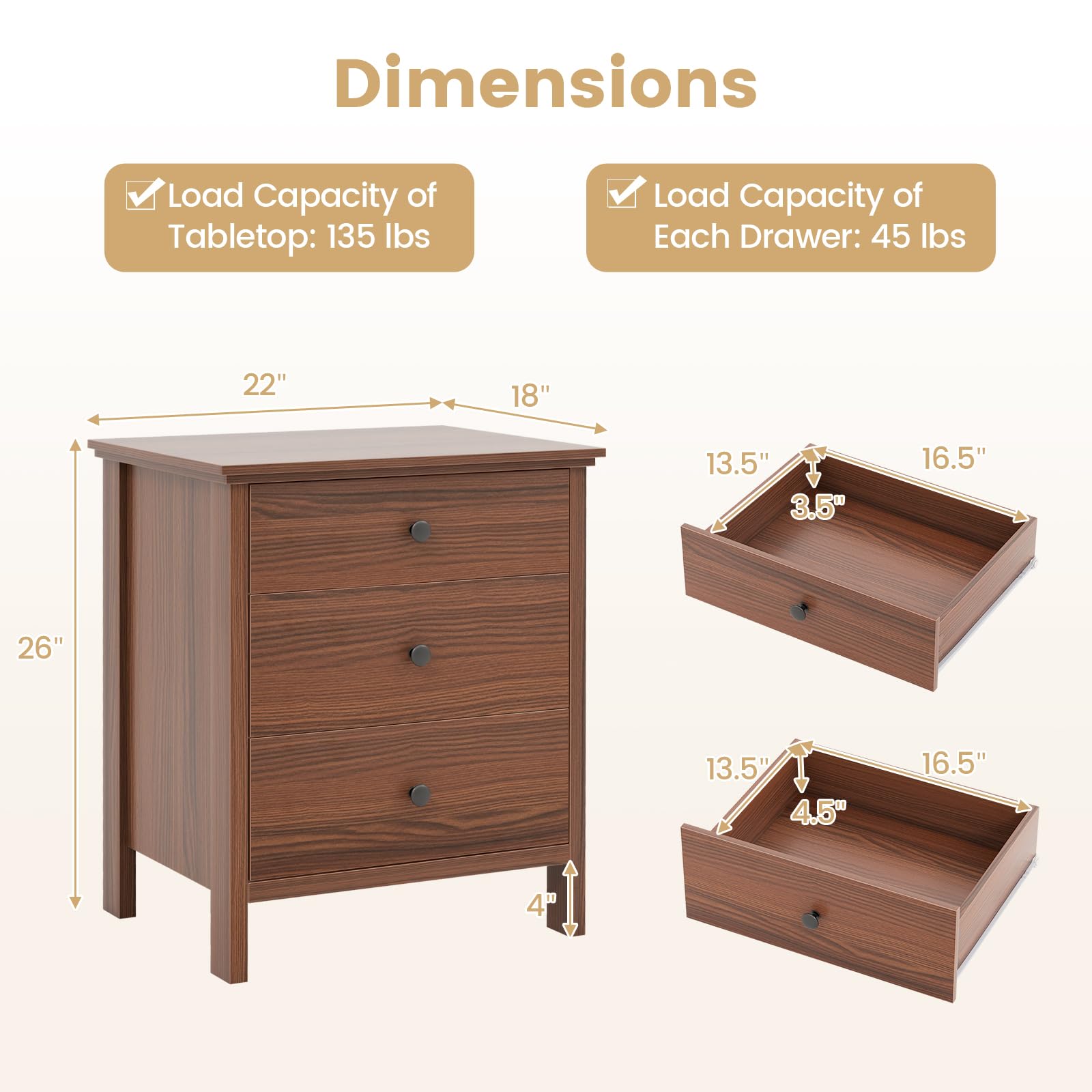 3 Drawers Nightstand Set of 1/2
