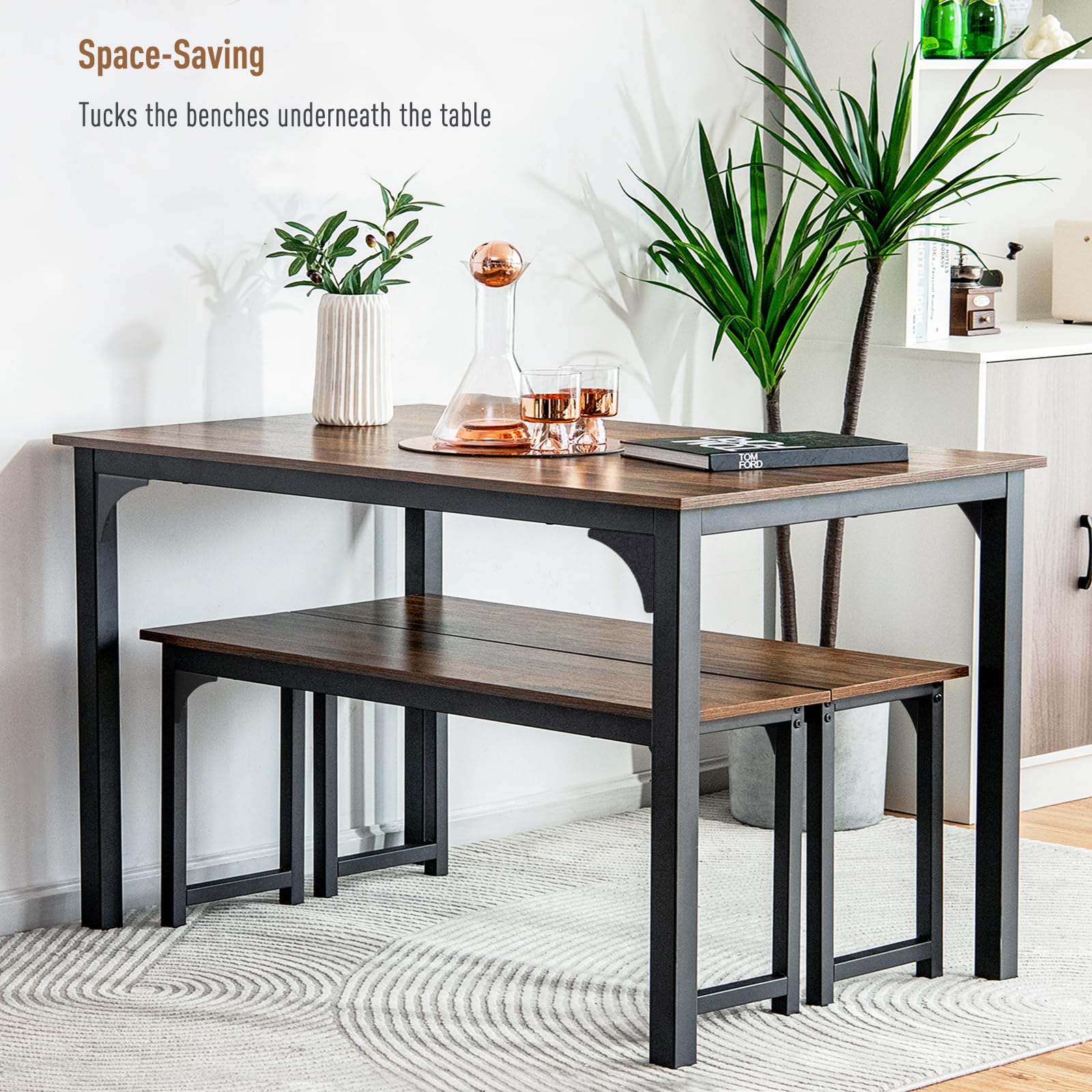 Dining Table Set for 4, 3-Piece Kitchen Table with 2 Benches