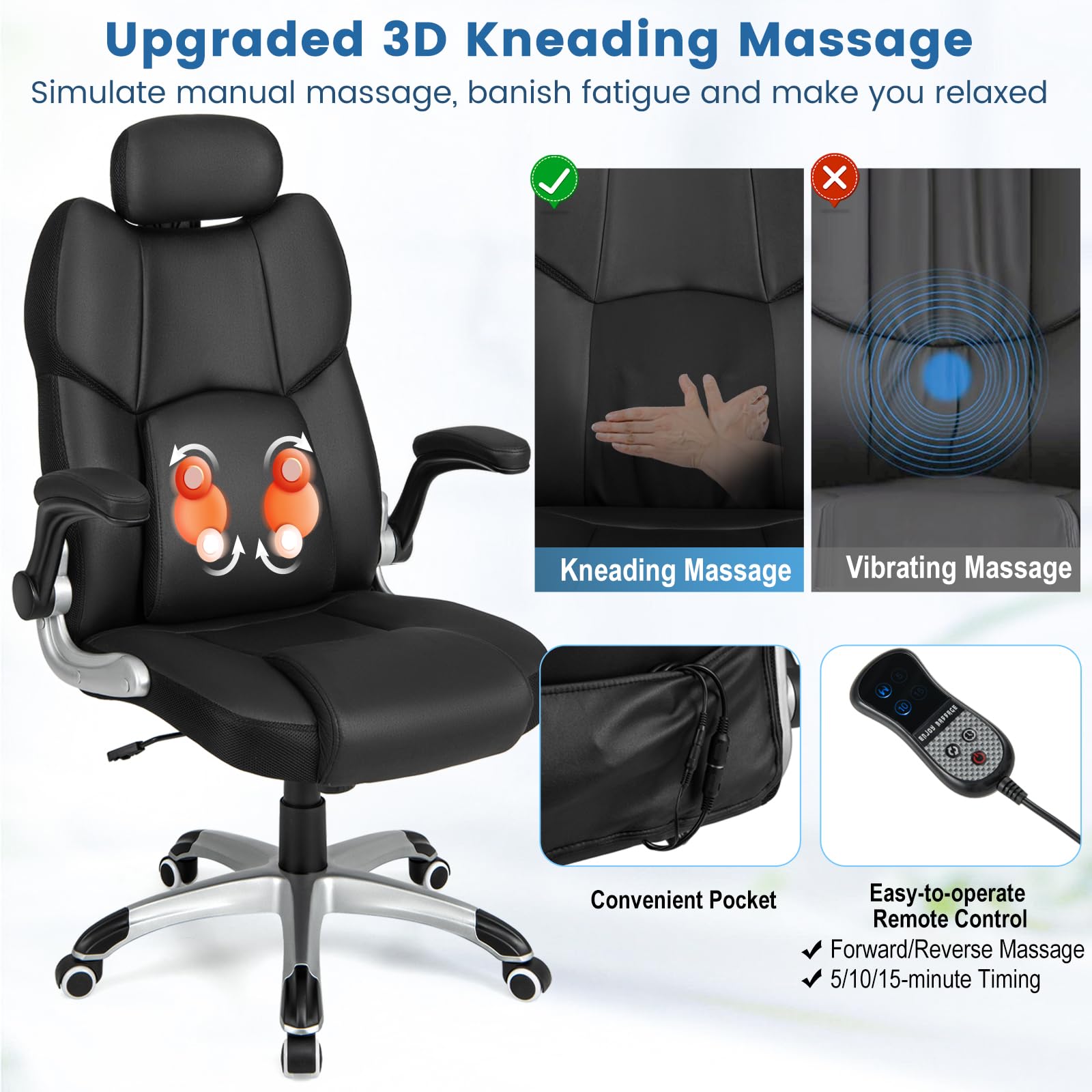 Executive Faux Leather Office Chair, Kneading Massage Computer Chair with Removable Lumbar Support Pillow, Adjustable Headrest