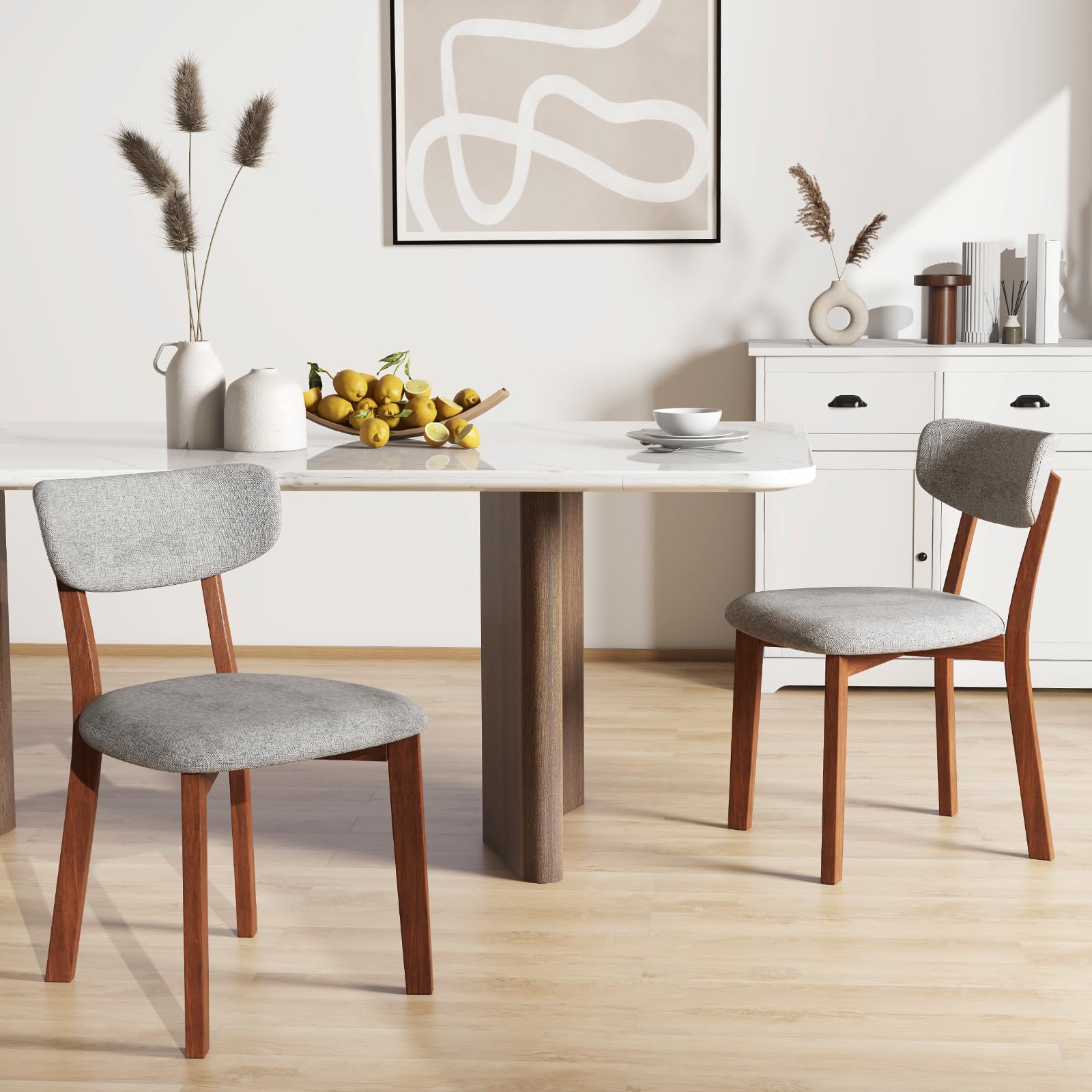 Dining Chairs Set of 2/4, Upholstered Mid-Back Kitchen Chairs with Solid Rubber Wood Frame, Curved Backrest & Padded Seat Cushion
