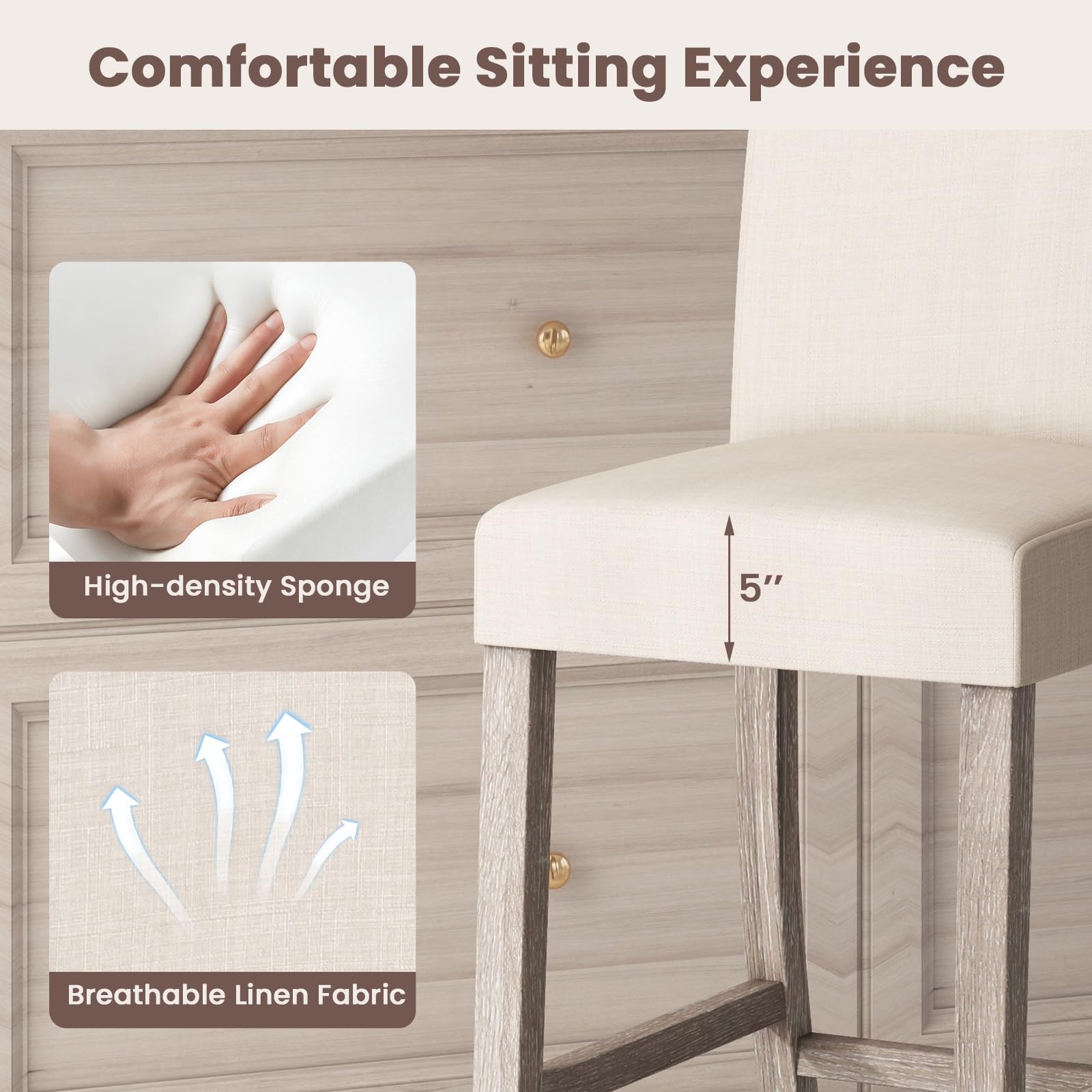 Upholstered Counter Height Bar Stools Set of 2/4 with Ergonomic Backrest, Solid Wood Frame