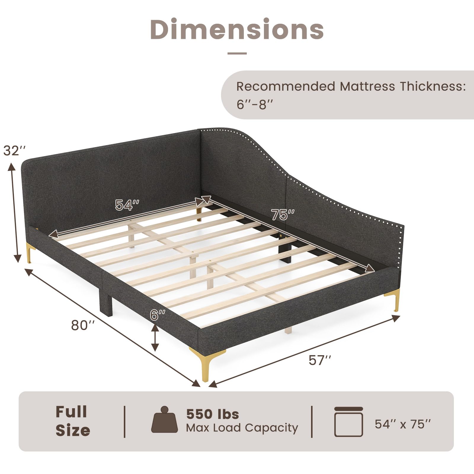 Rivet-Tufted Platform Bed Frame with Headboard, Metal Legs & Wood Slats, L-Shaped Corner Sofa Bed