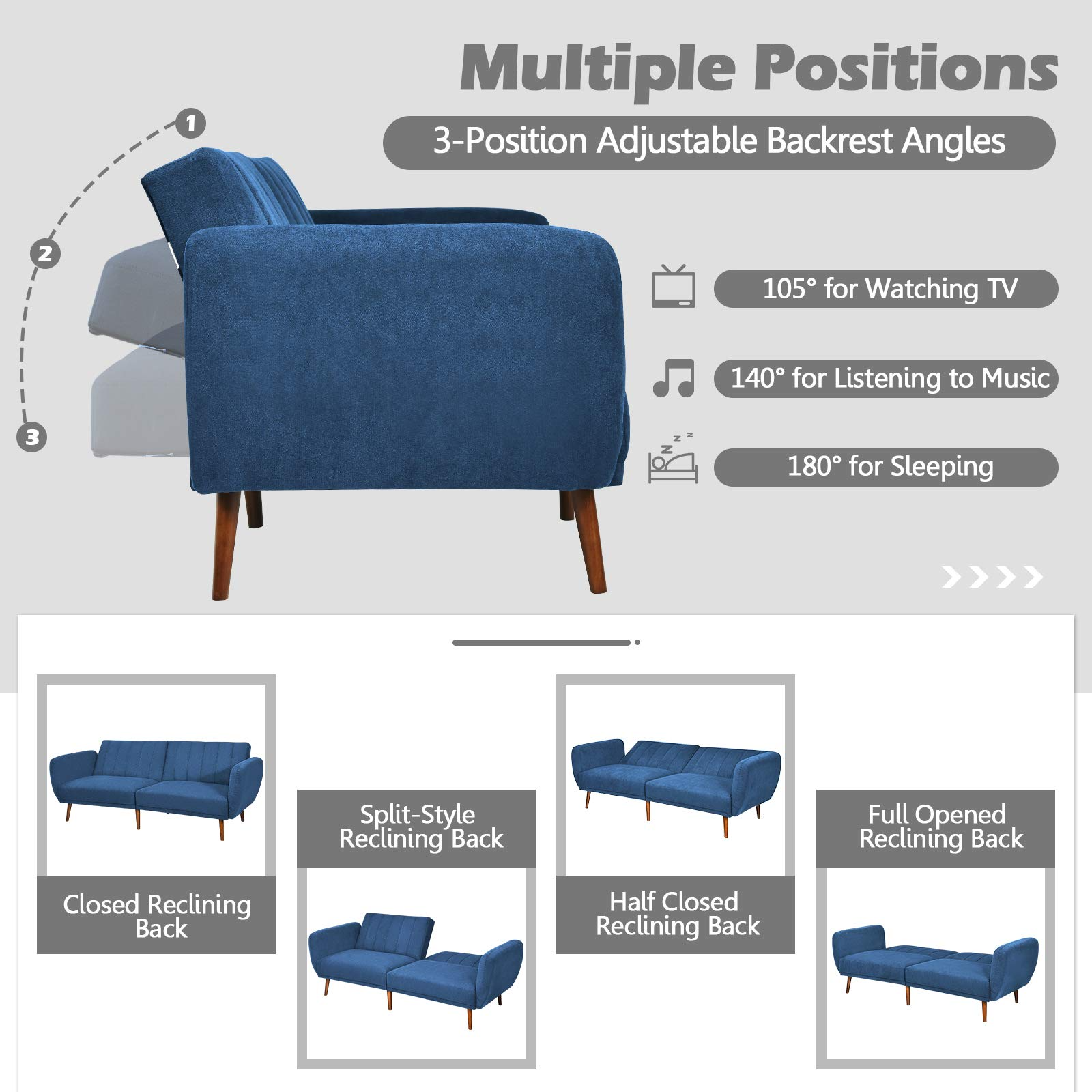 Foldable Futon Sofa Bed, Convertible Sofa Couch Upholstered Futon Sleeper Sofa, 3-Level Angle Adjustable