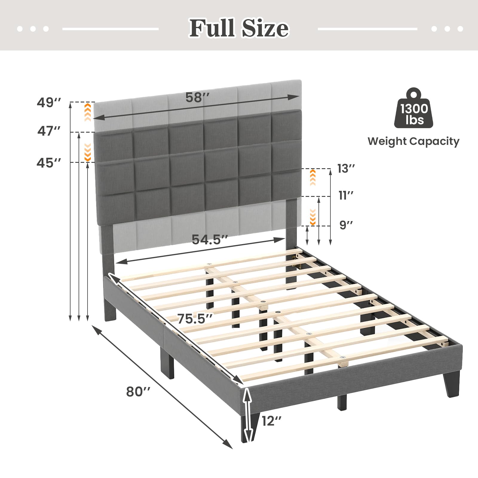 Linen Fabric Upholstered Bed Frame with Adjustable Headboard & Wooden Slat Support