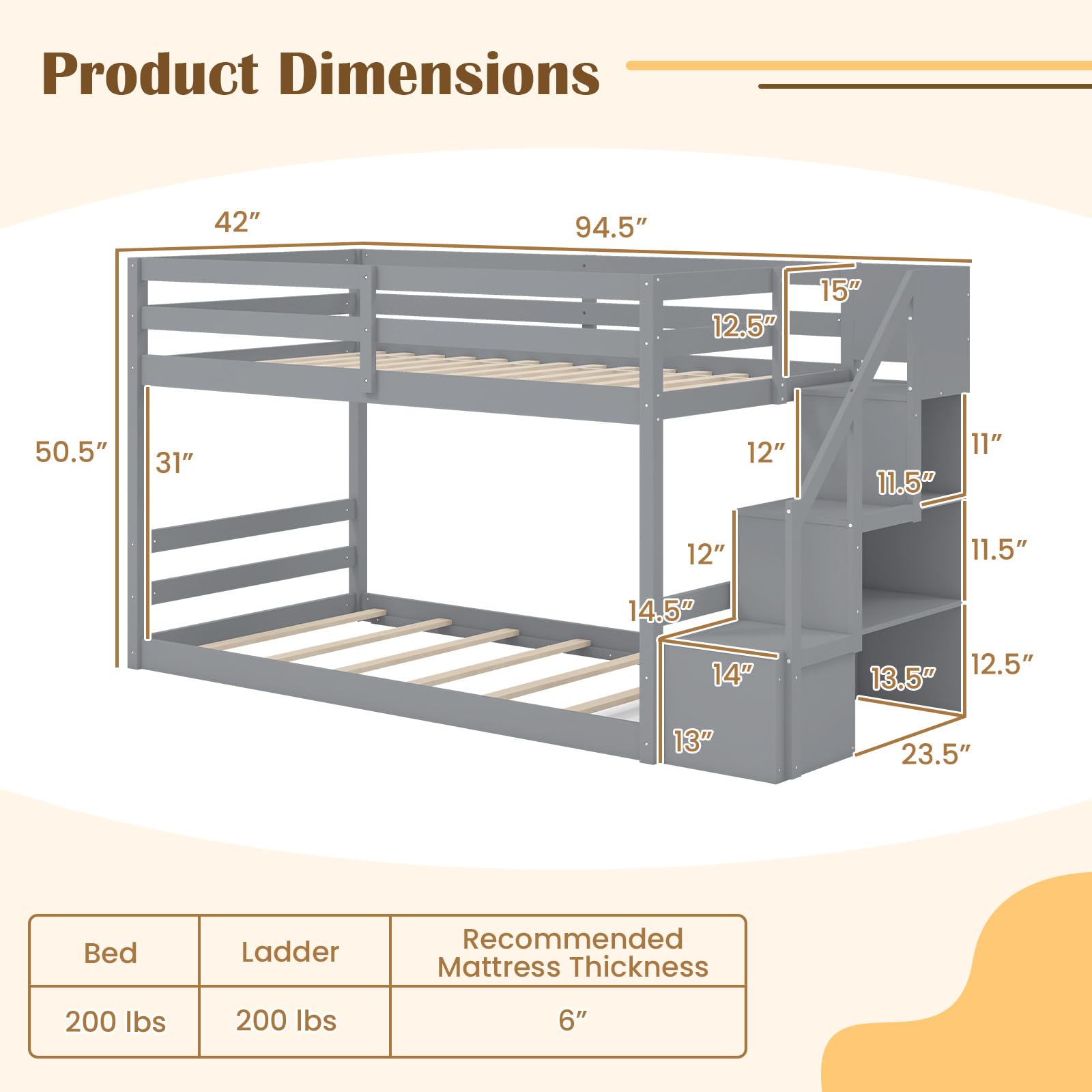 Bunk Bed with Stairs, Solid Wood Floor Bunk Bed with Storage Staircase & Full-Length Guardrails