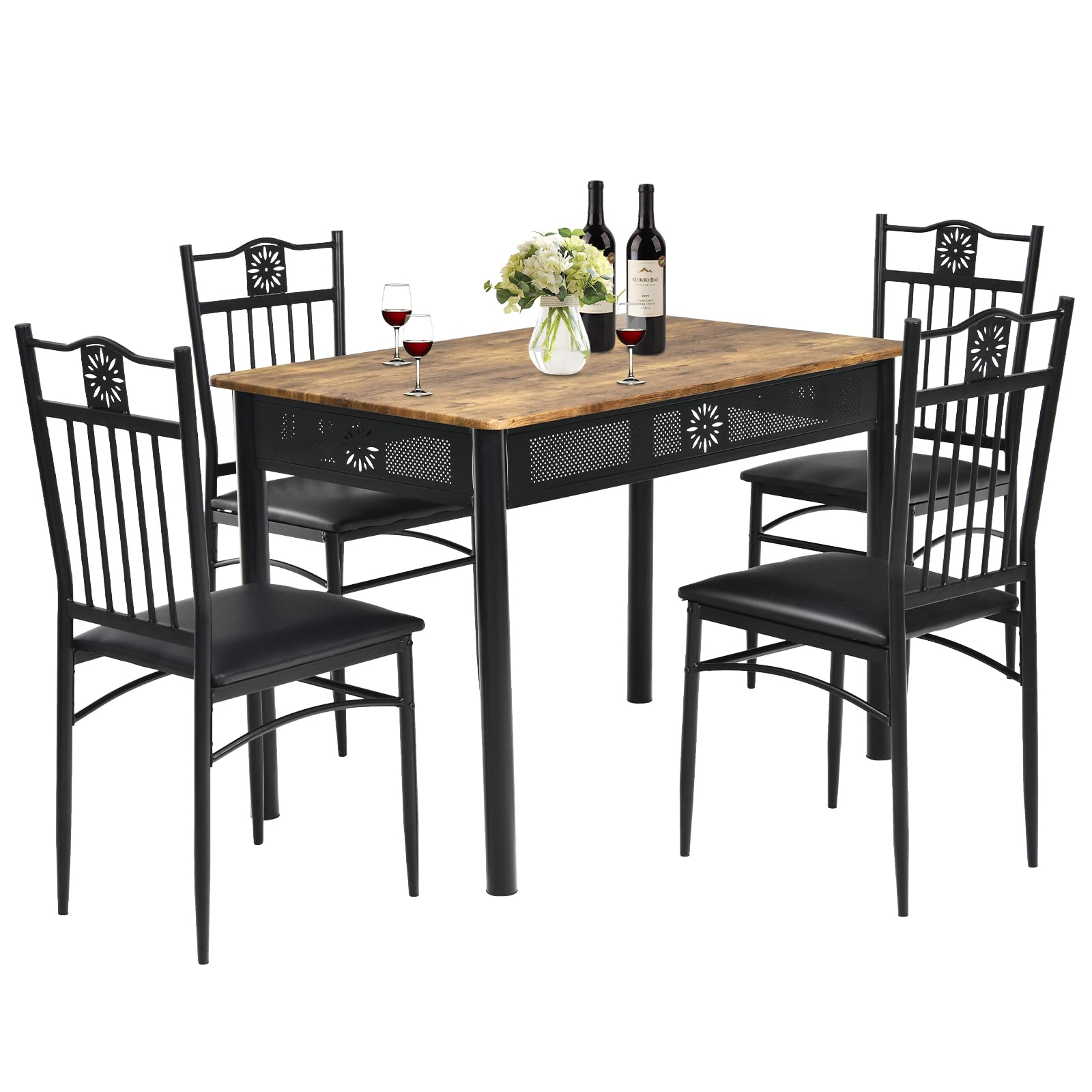5 Piece Dining Table and Chairs Set, Vintage Retro Wood Top Metal Frame Padded Seat