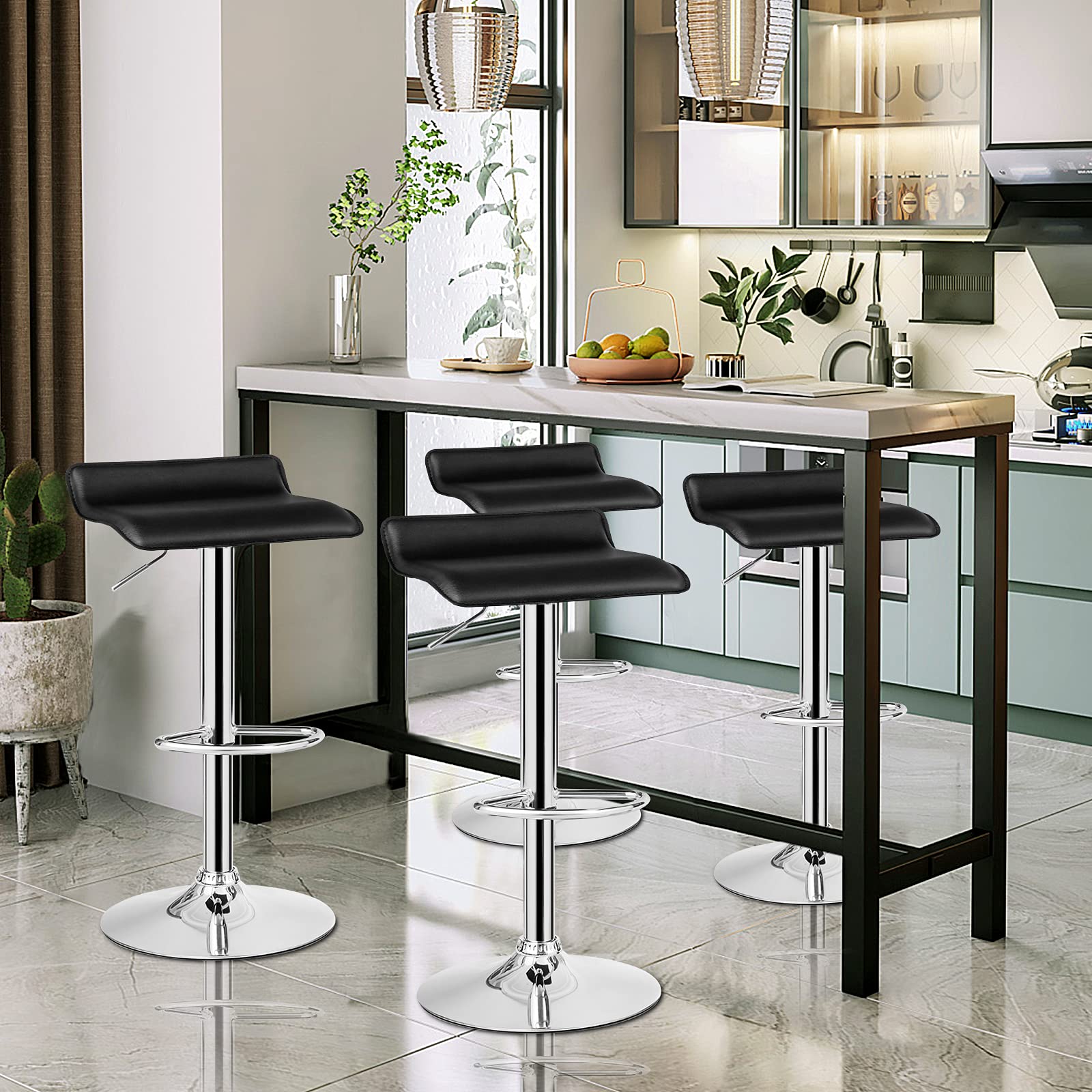Bar Stools Set of 2/4, Adjustable Swivel PU Leather Barstools w/Footrest, Chrome Base