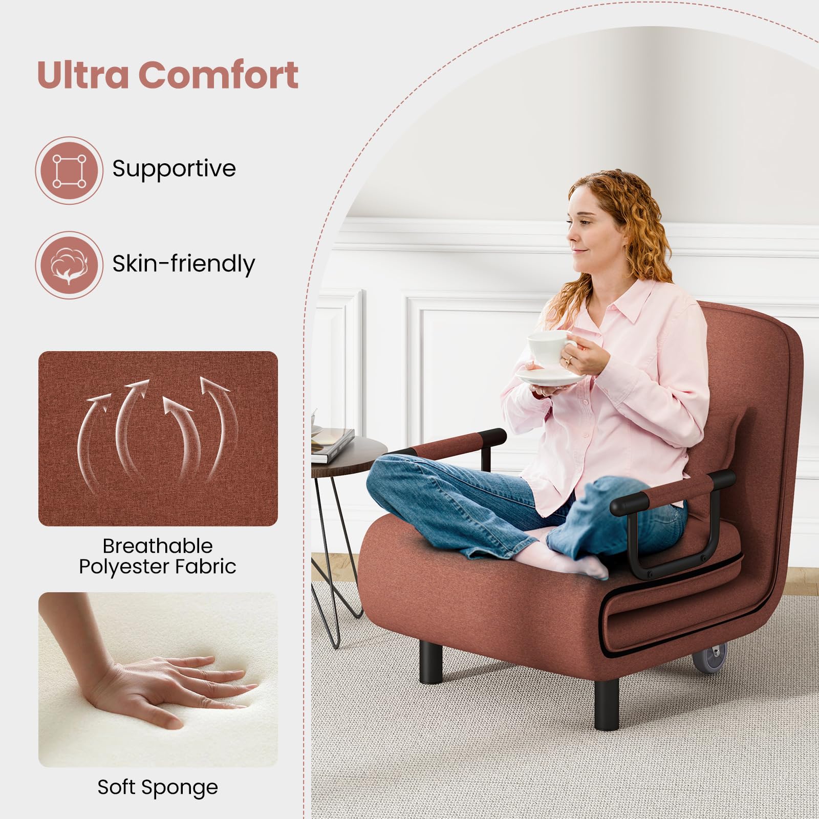 Convertible Chair Bed with 5-Position Adjustable Backrest & Lumbar Pillow, 2 Hidden Metal Legs & 2 Lockable Casters