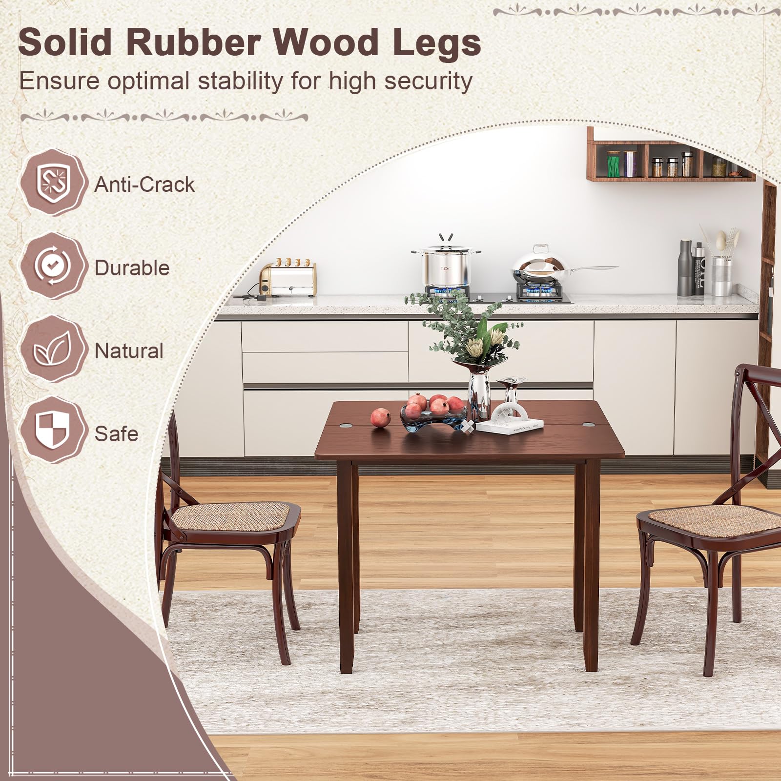 Folding Dining Table for 4, Extendable Kitchen Table w/Hidden Storage & Rubber Wood Frame