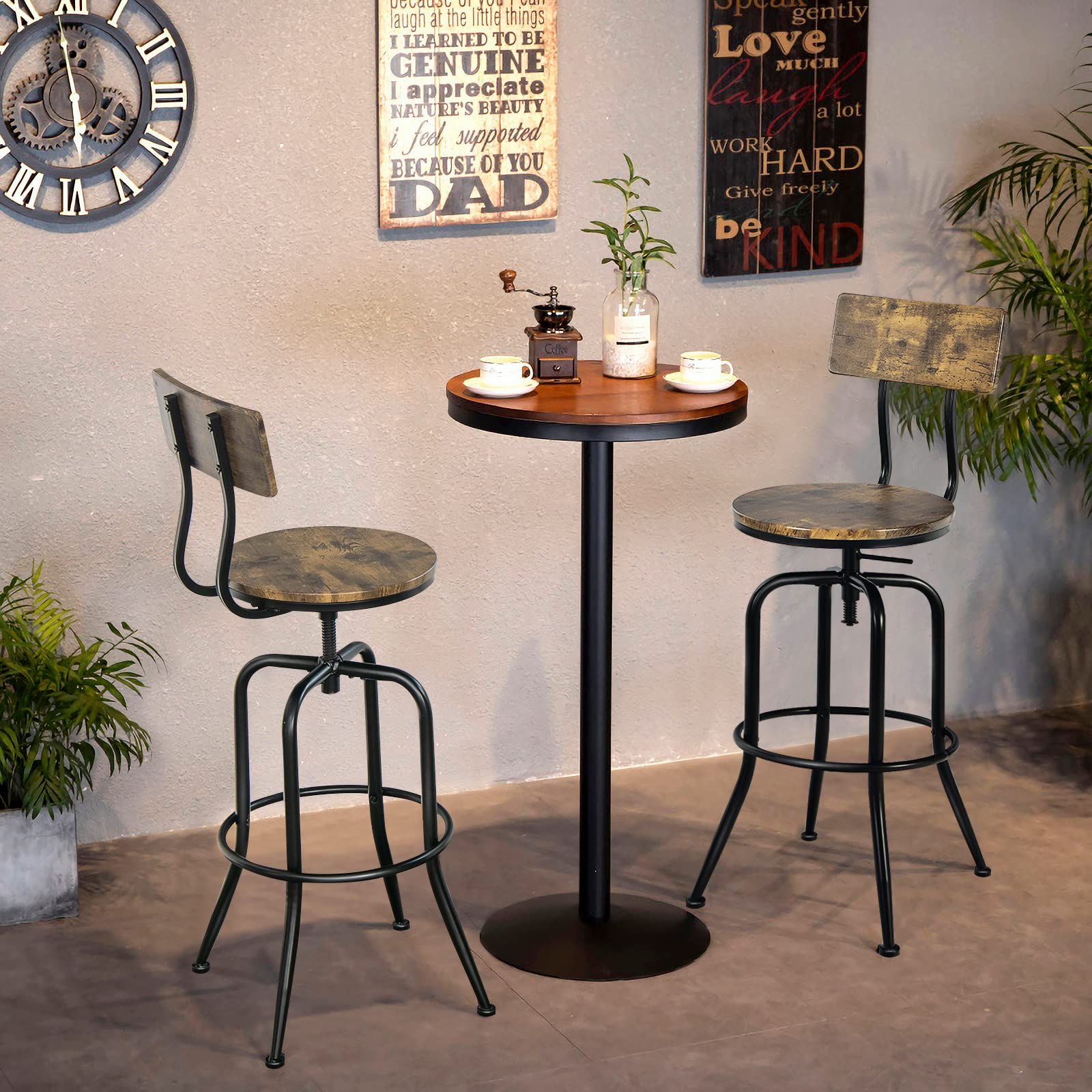 Bar Stools Set of 2/4, Industrial Counter Height Bar Chairs with Height Adjustable Seat, Arc-shaped Backrest & Footrest