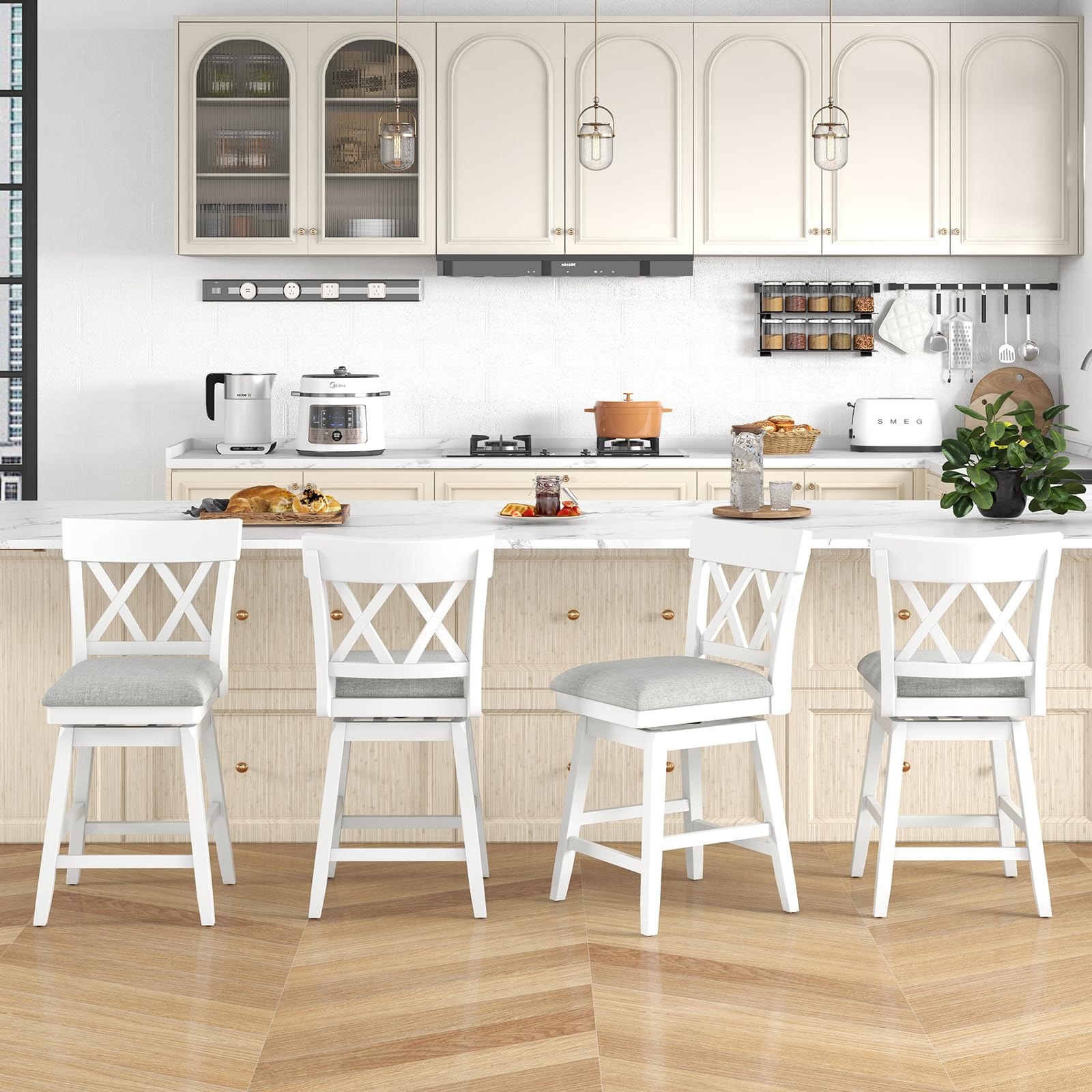 Swivel Counter Height Bar Stool with Contoured Backrest, Padded Seat & Rubber Wood Legs