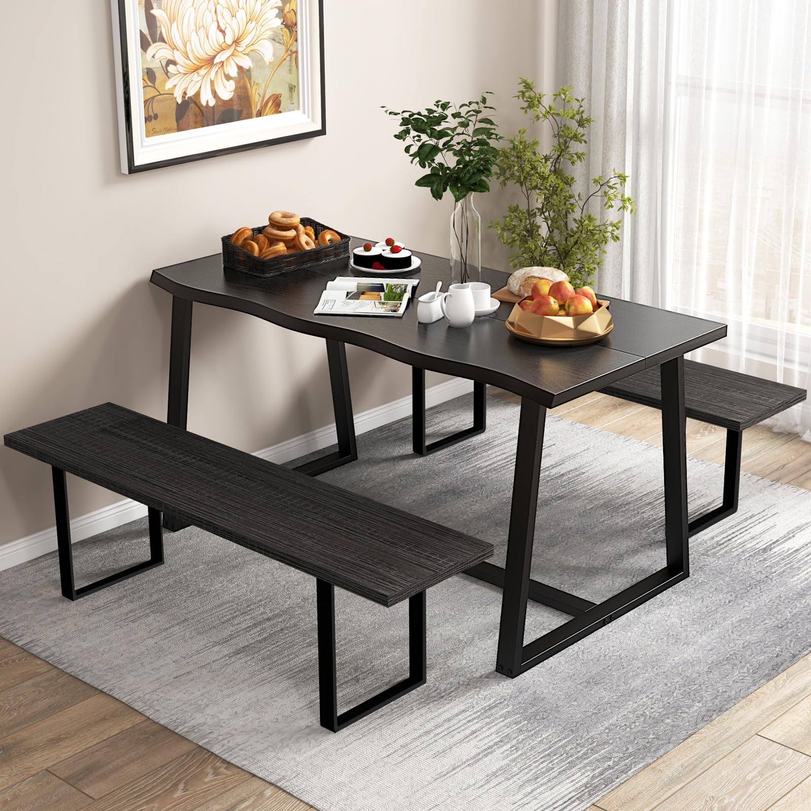 63" Rectangular Large Dining Table for 4-6, Mid-Century Kitchen Table w/Heavy-Duty Metal Frame