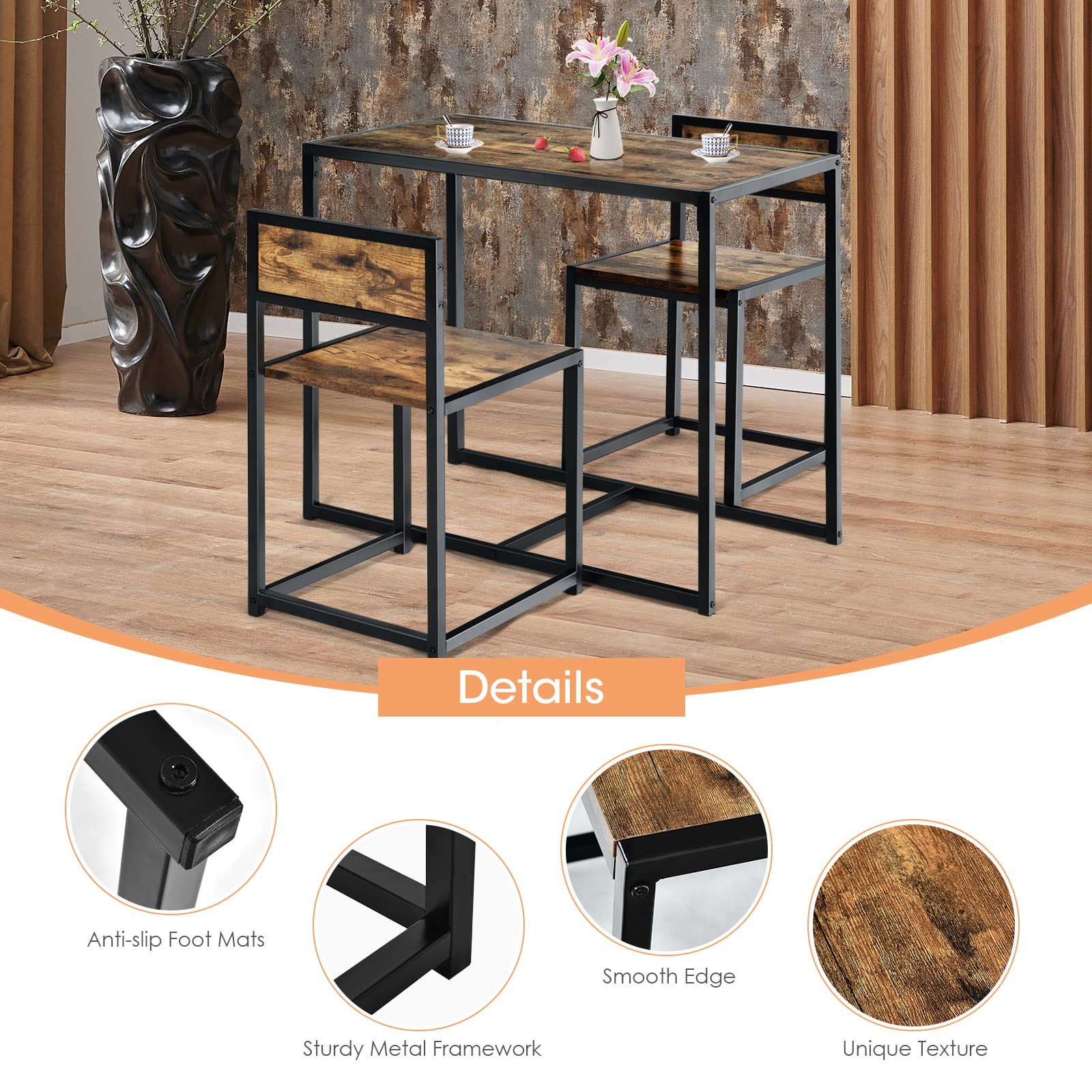 3 Piece Kitchen Table Set with 2 Chairs, Metal Frame