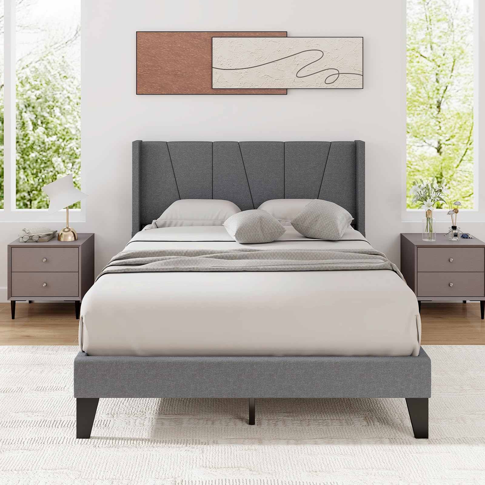 Upholstered Bed Frame with Wingback Headboard